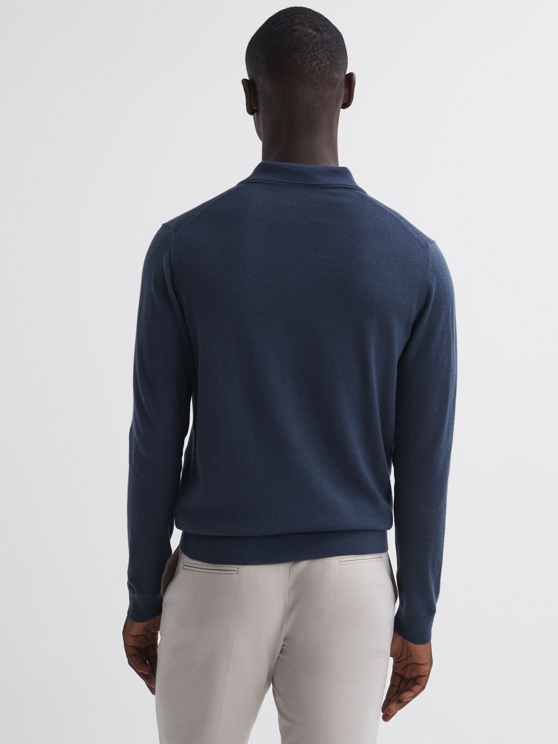 Merino Wool Open Collar Polo Shirt in Eclipse Blue - Image 5 of 5