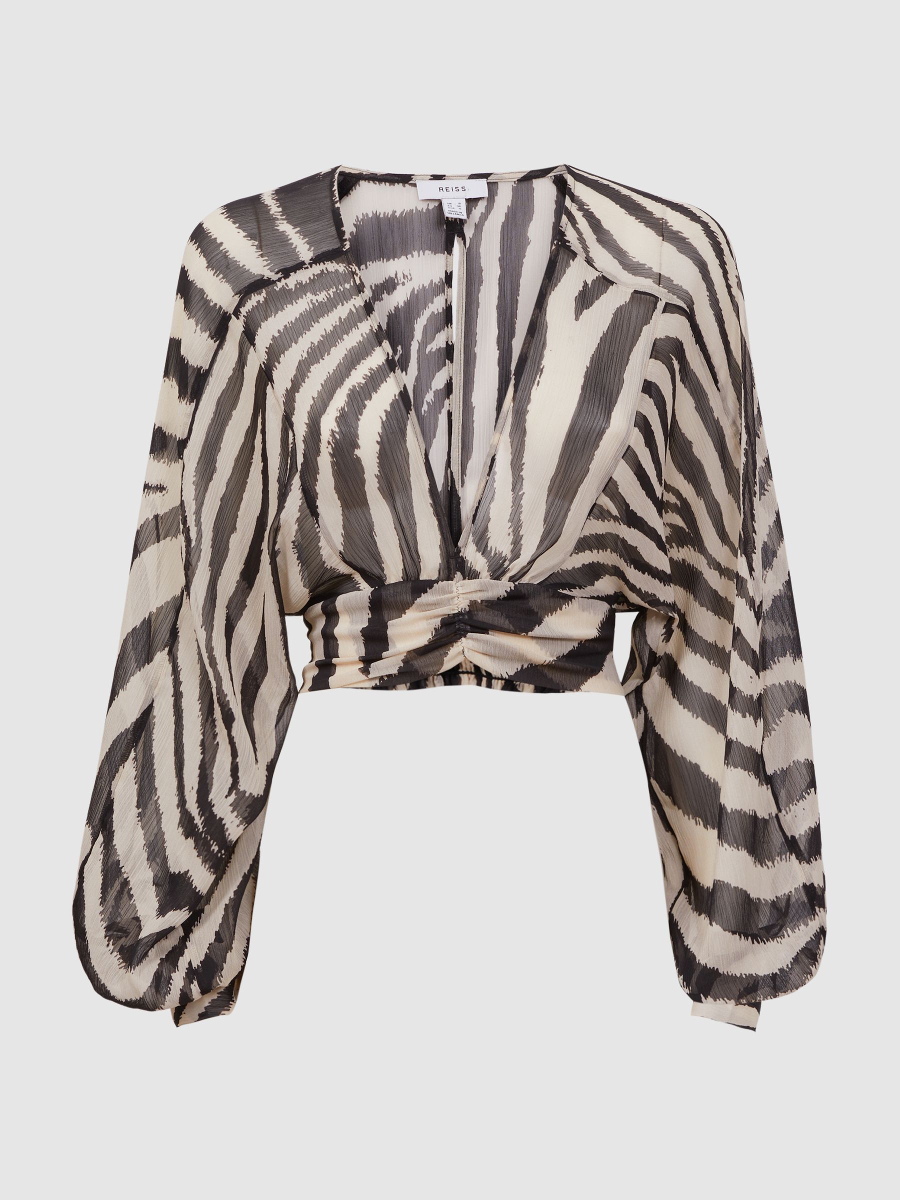 Zebra Print Cropped Plunge Neck Blouse in Black/White - Image 2 of 4