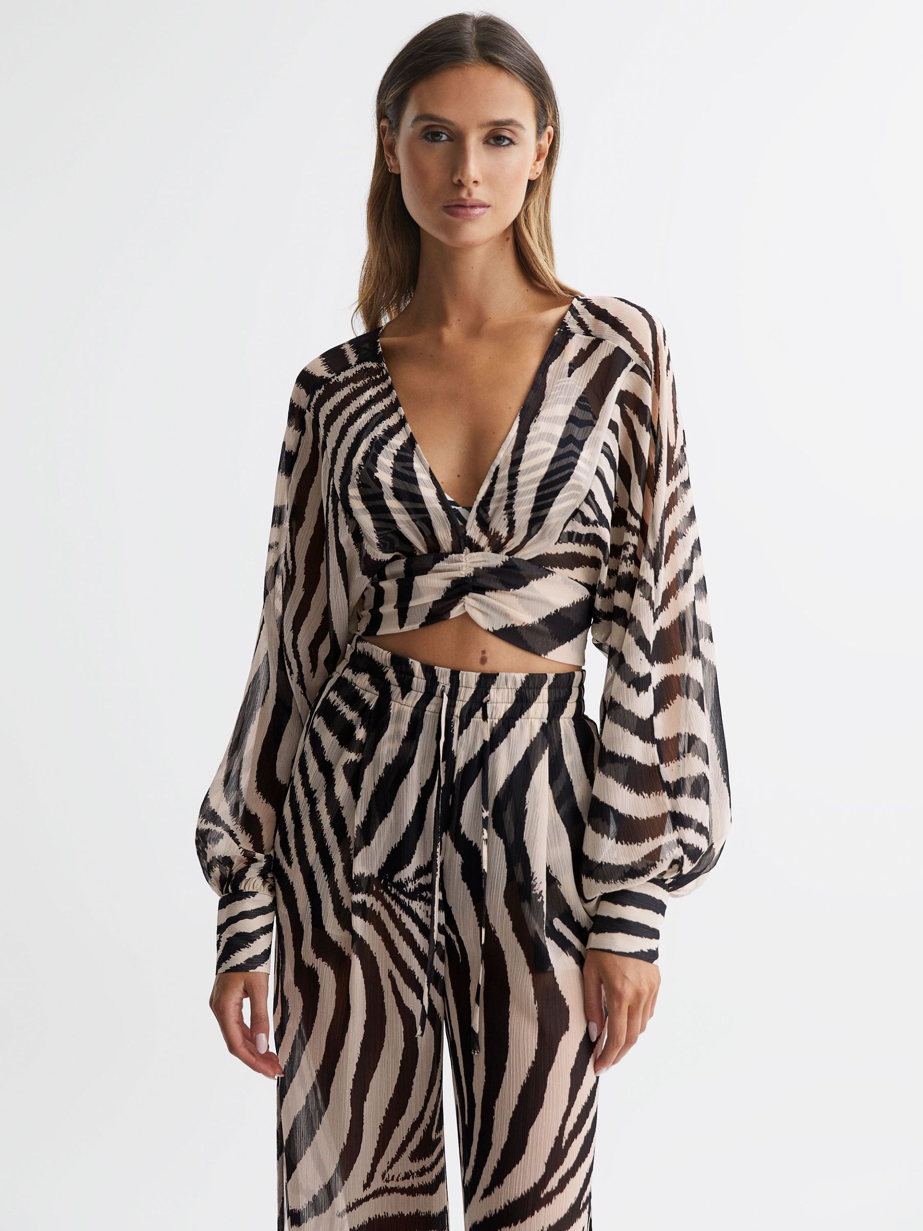 Zebra Print Cropped Plunge Neck Blouse in Black/White - Image 3 of 4