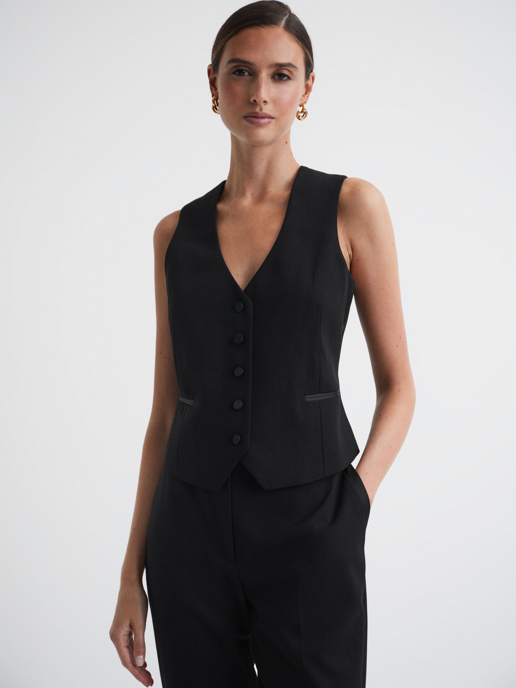 Single Breasted Satin Suit Waistcoat in Black - Image 1 of 4