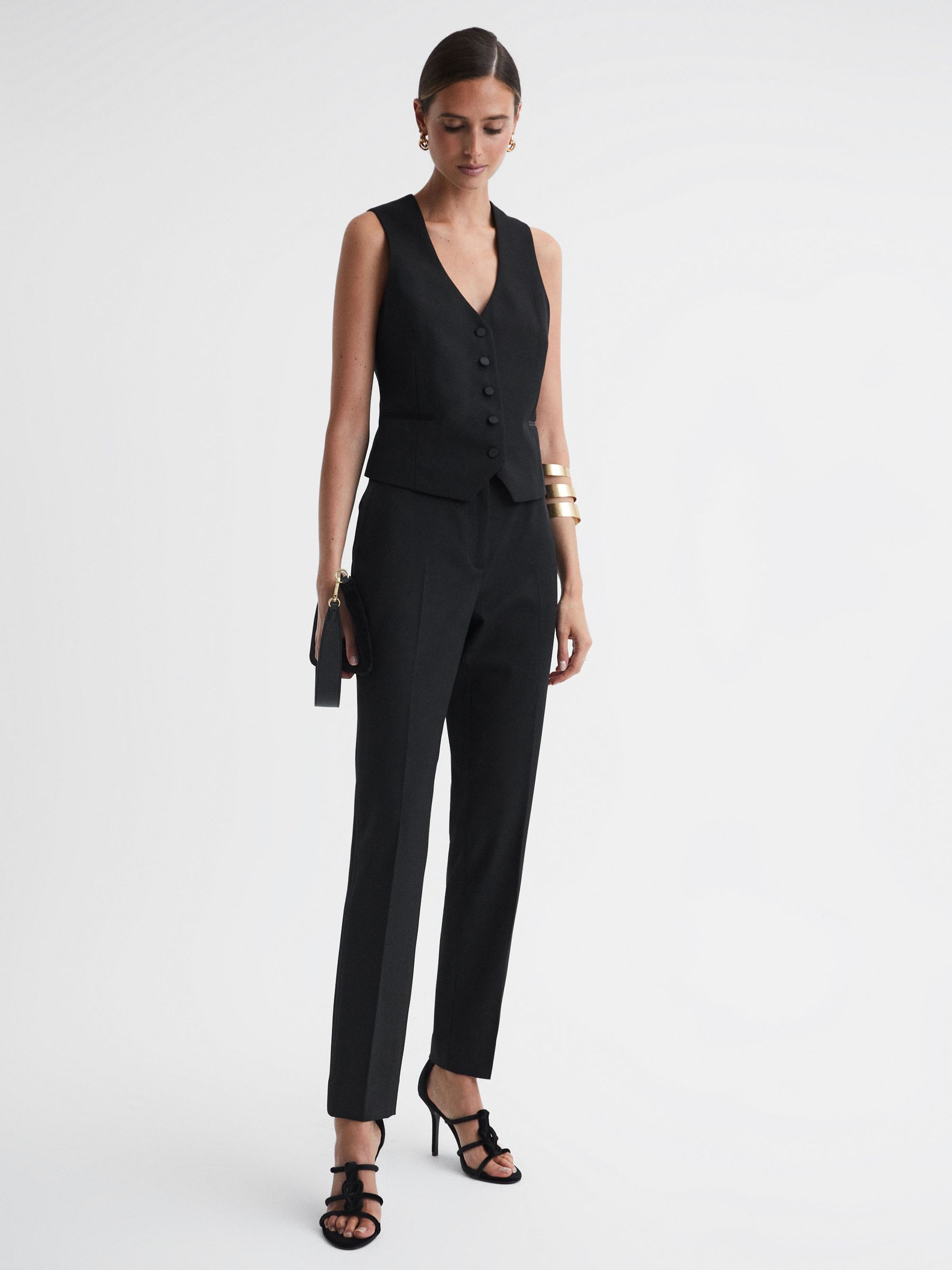 Single Breasted Satin Suit Waistcoat in Black - Image 3 of 4