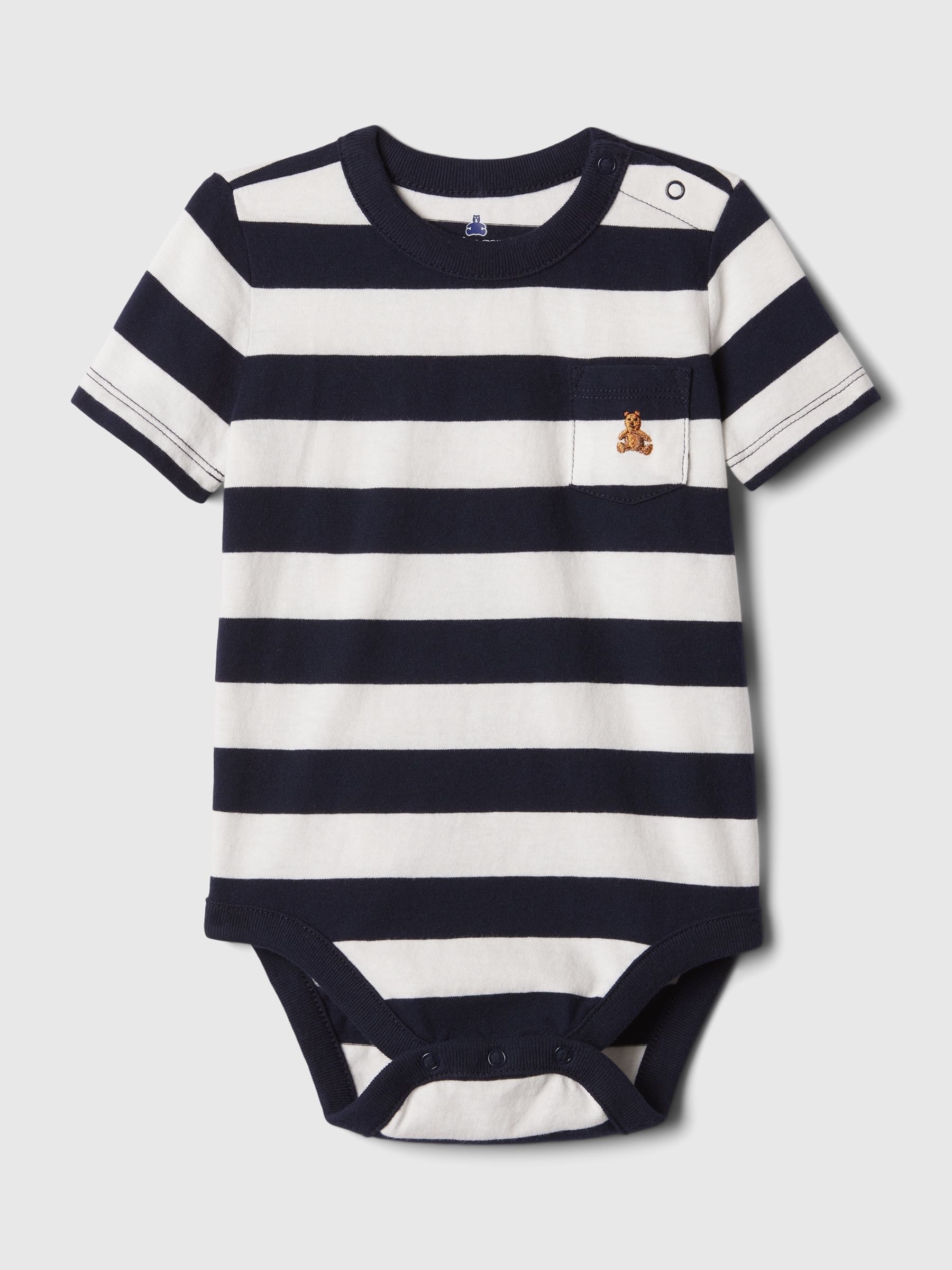 Navy & White Stripe Cotton Graphic Short Sleeve Pocket Bodysuit (Newborn-5yrs) - Image 1 of 1 Navy & White Stripe Cotton Graphic Short Sleeve Pocket Bodysuit (Newborn-5yrs) - Image 1 of 1