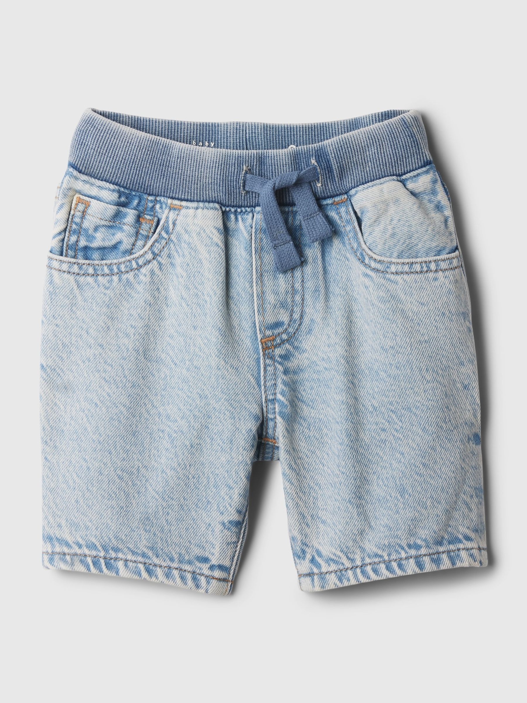 Light Blue Dark Wash Denim Rib Waist Baby Pull On Shorts (6mths-5yrs) - Image 1 of 2