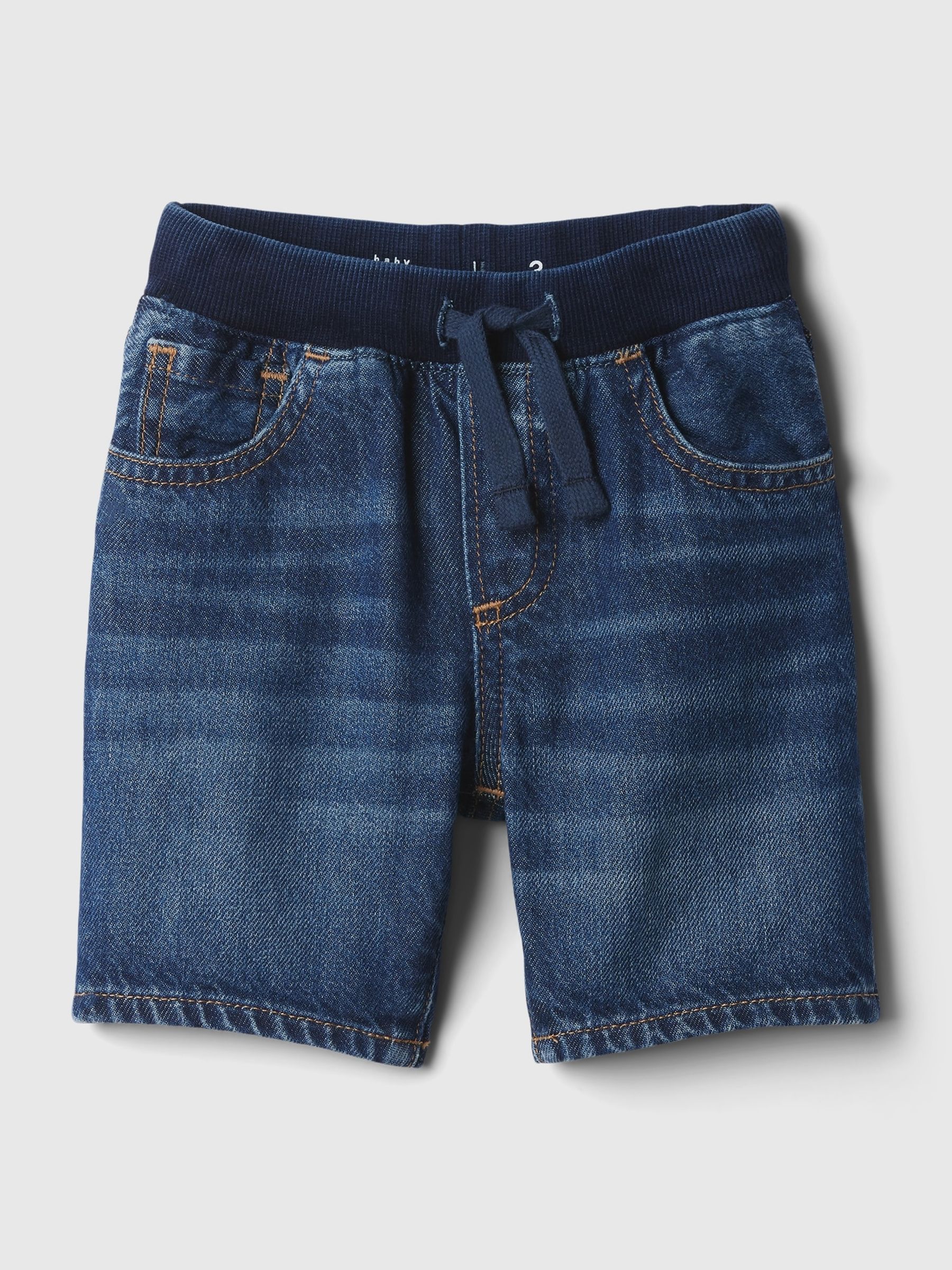 Navy Blue Dark Wash Denim Rib Waist Baby Pull On Shorts (6mths-5yrs) - Image 1 of 3