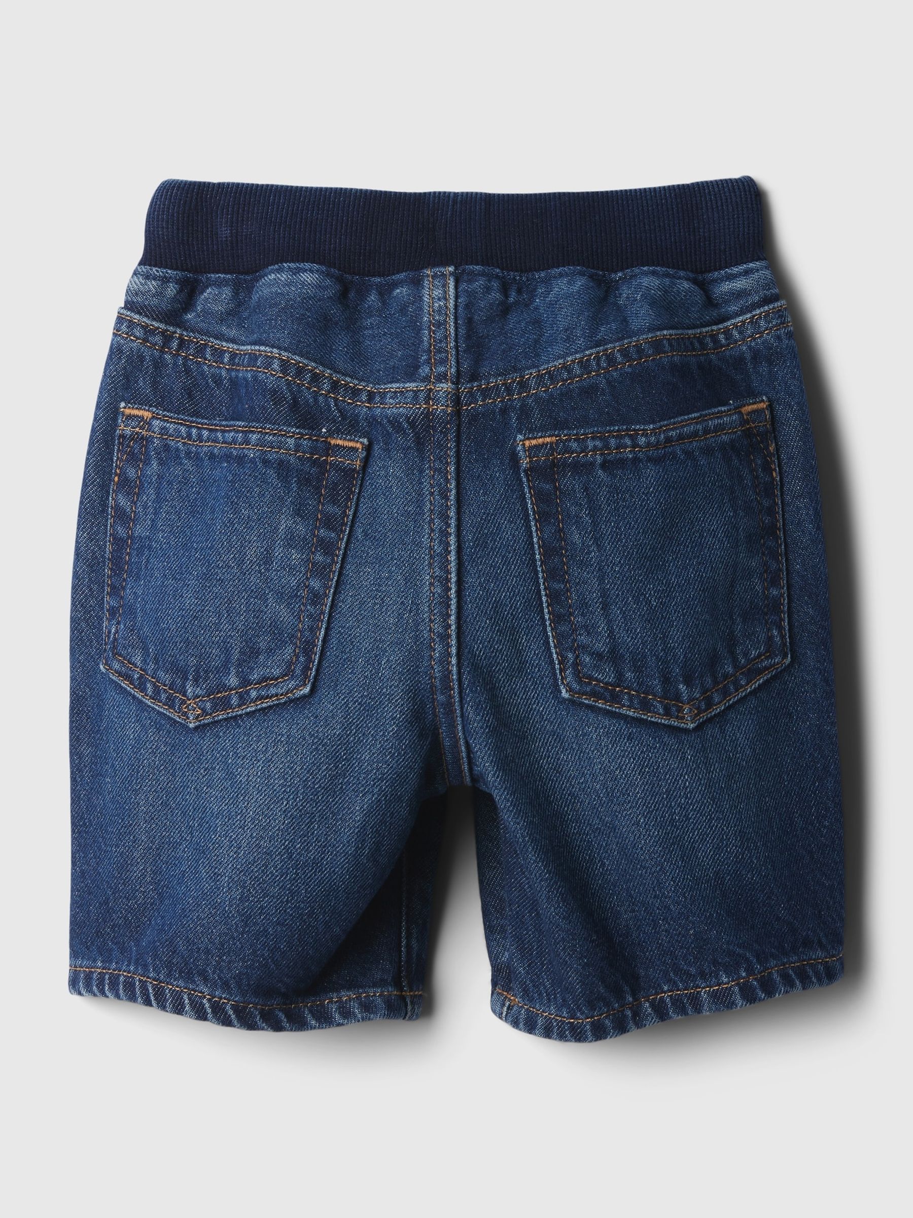 Navy Blue Dark Wash Denim Rib Waist Baby Pull On Shorts (6mths-5yrs) - Image 2 of 3