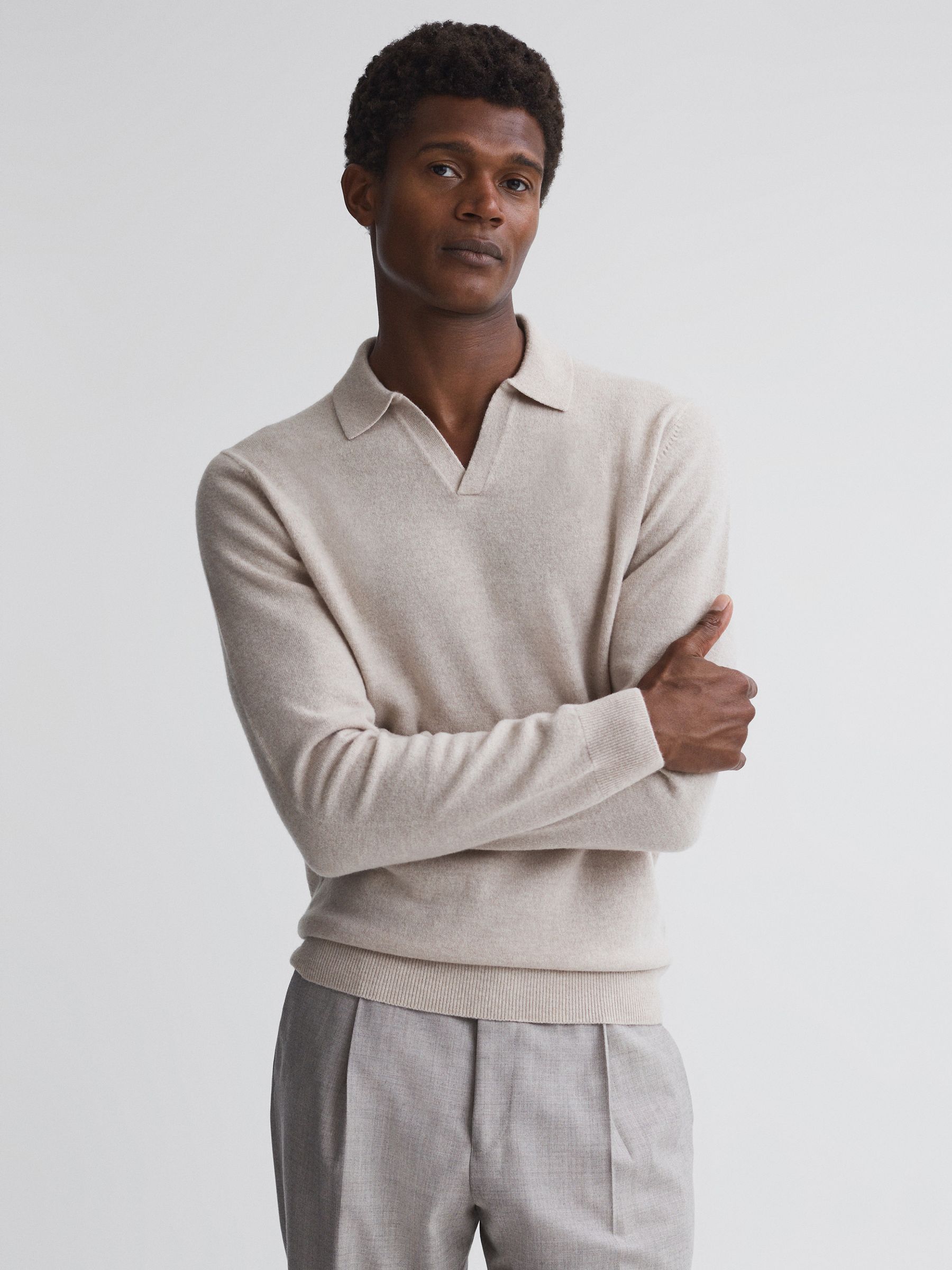 Merino Wool Open Collar Top in Oatmeal Melange - Image 1 of 5