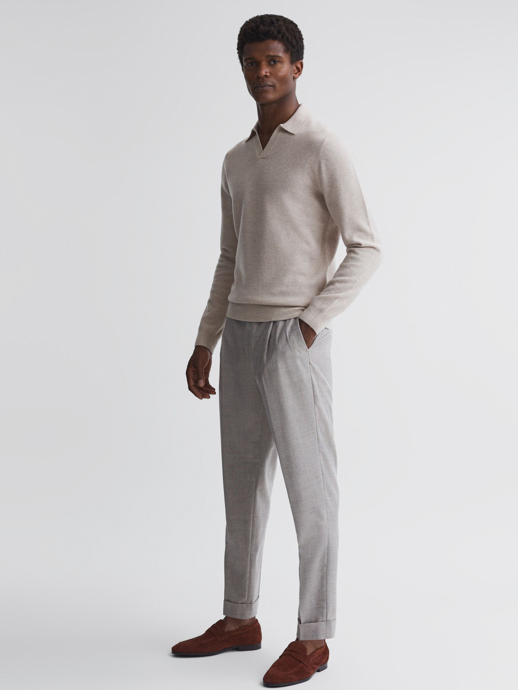 Merino Wool Open Collar Top in Oatmeal Melange - Image 4 of 5