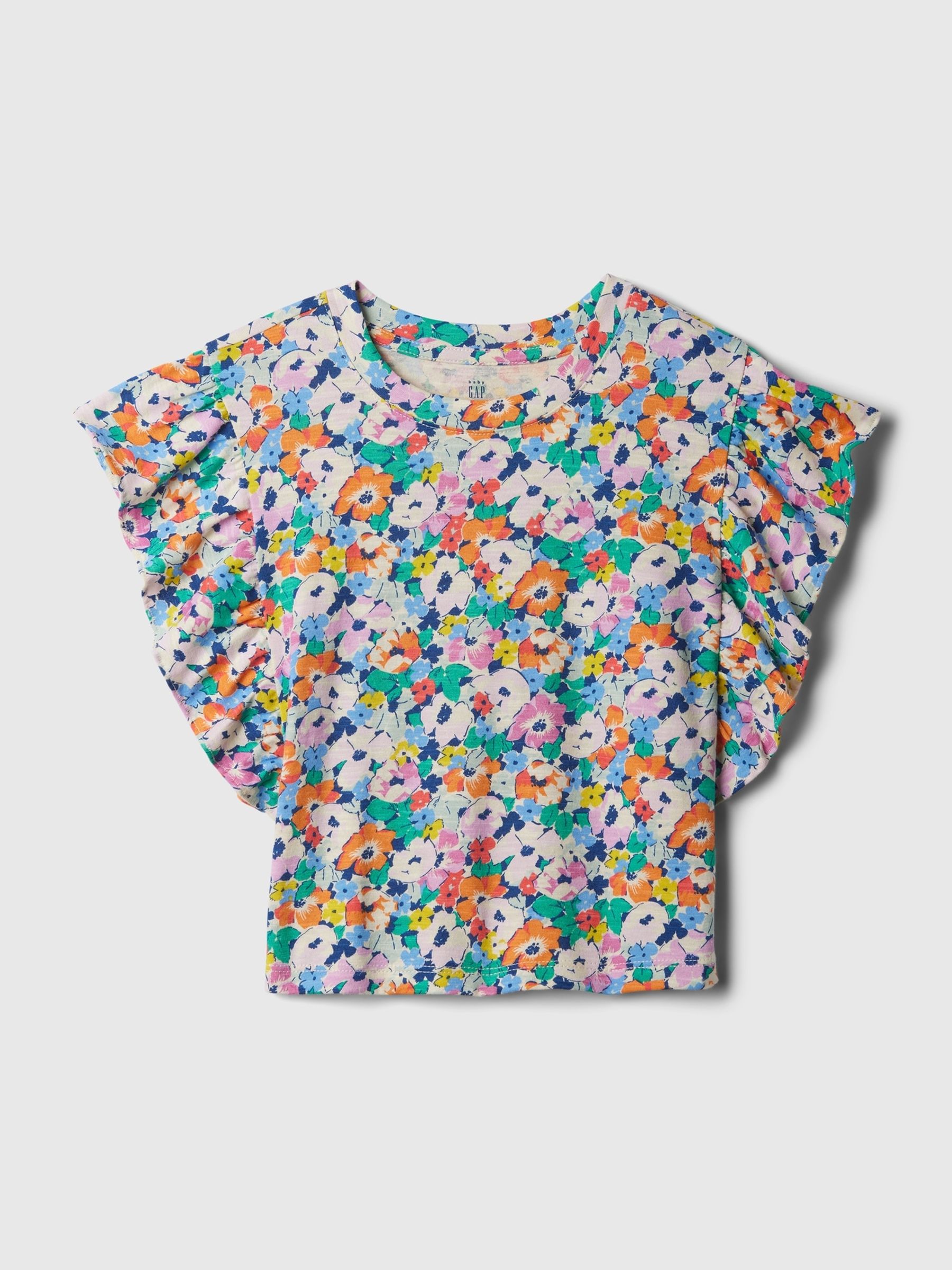Blue/Orange Floral Crinkle Cotton Print Ruffle Sleeve Baby Top (12mths-5yrs) - Image 1 of 2
