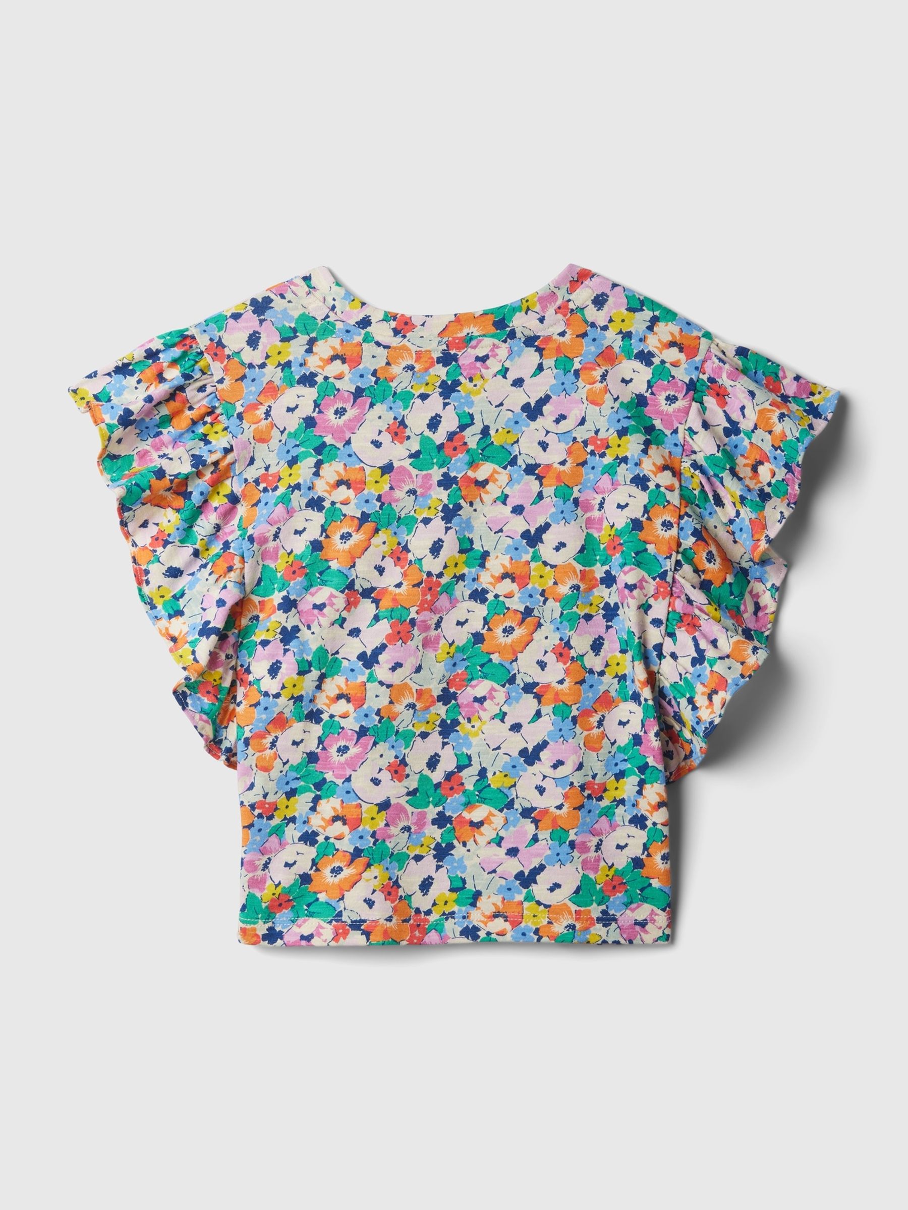 Blue/Orange Floral Crinkle Cotton Print Ruffle Sleeve Baby Top (12mths-5yrs) - Image 2 of 2
