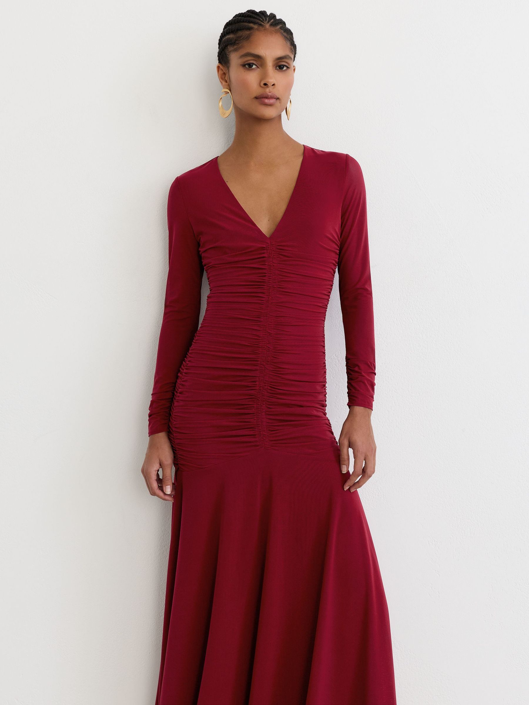 Petite Ruched Mesh Long-Sleeve Maxi Dress in Red - Image 3 of 8