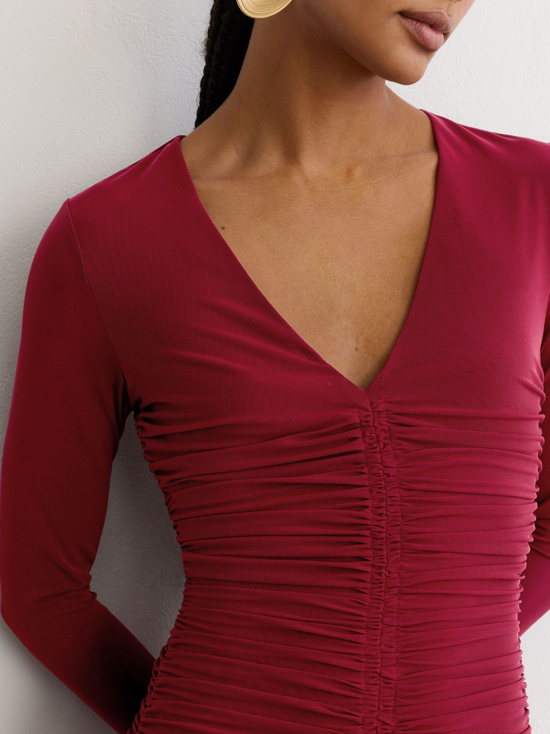 Petite Ruched Mesh Long-Sleeve Maxi Dress in Red - Image 4 of 8