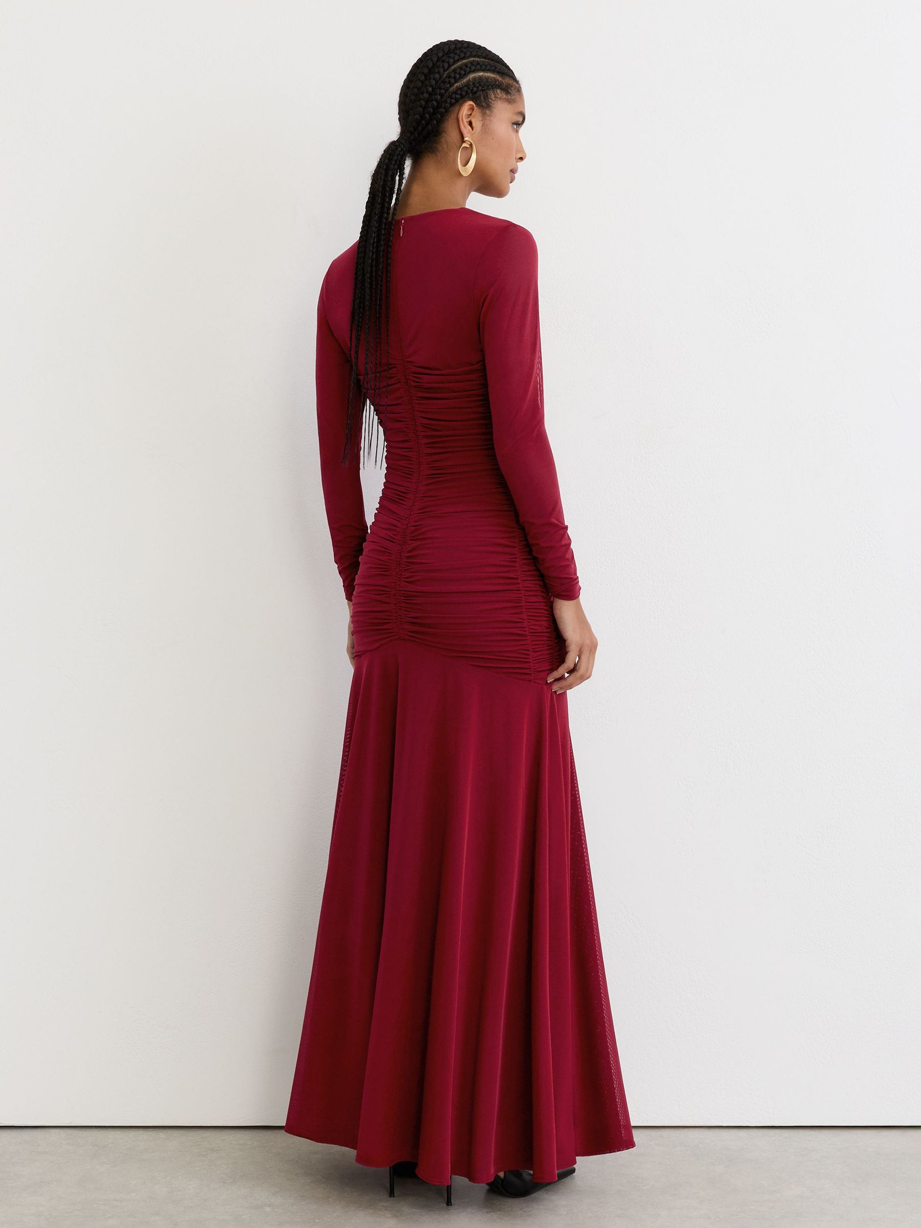 Petite Ruched Mesh Long-Sleeve Maxi Dress in Red - Image 6 of 8