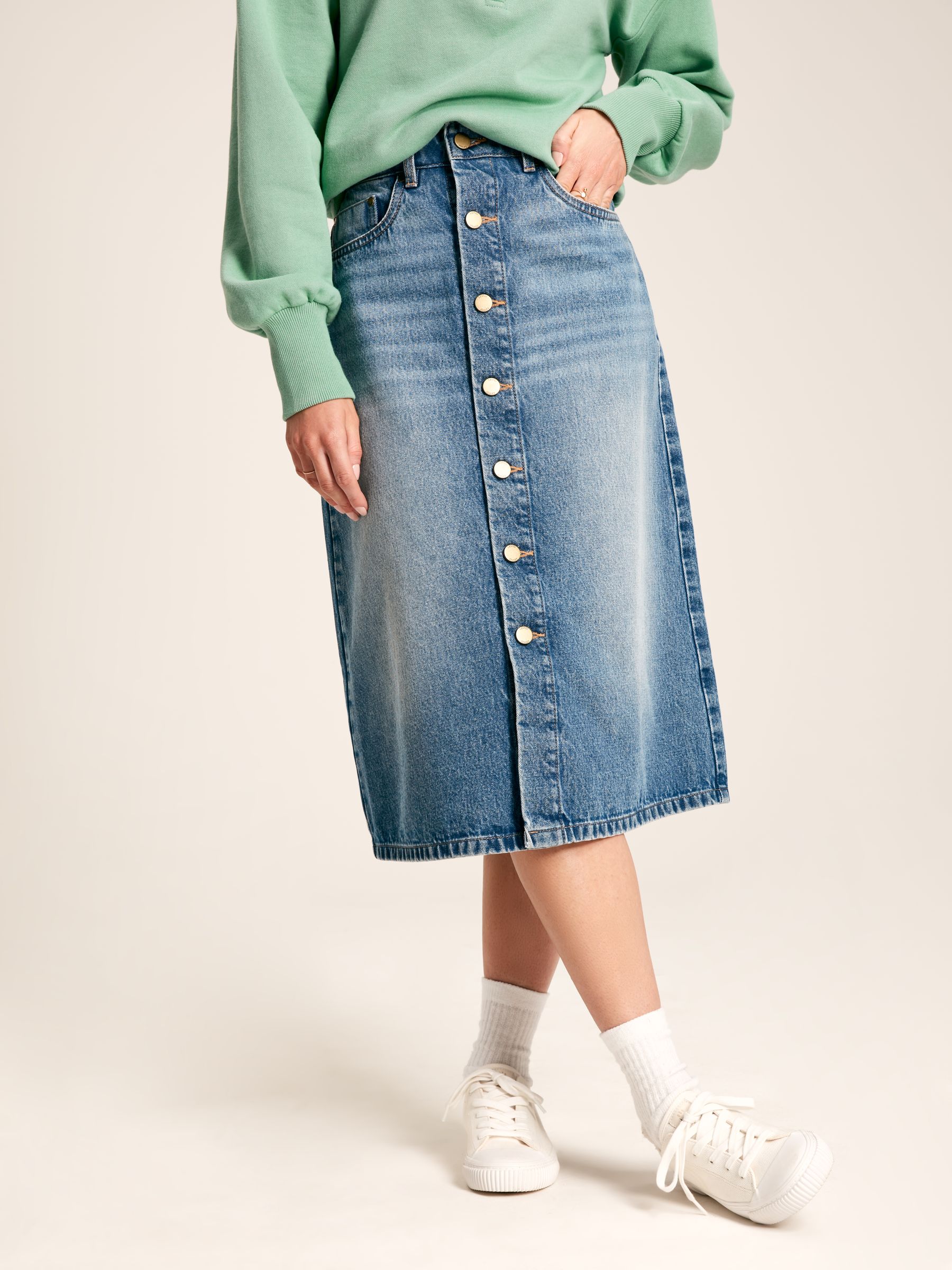 Blue Button Front Denim Midi Skirt Joules