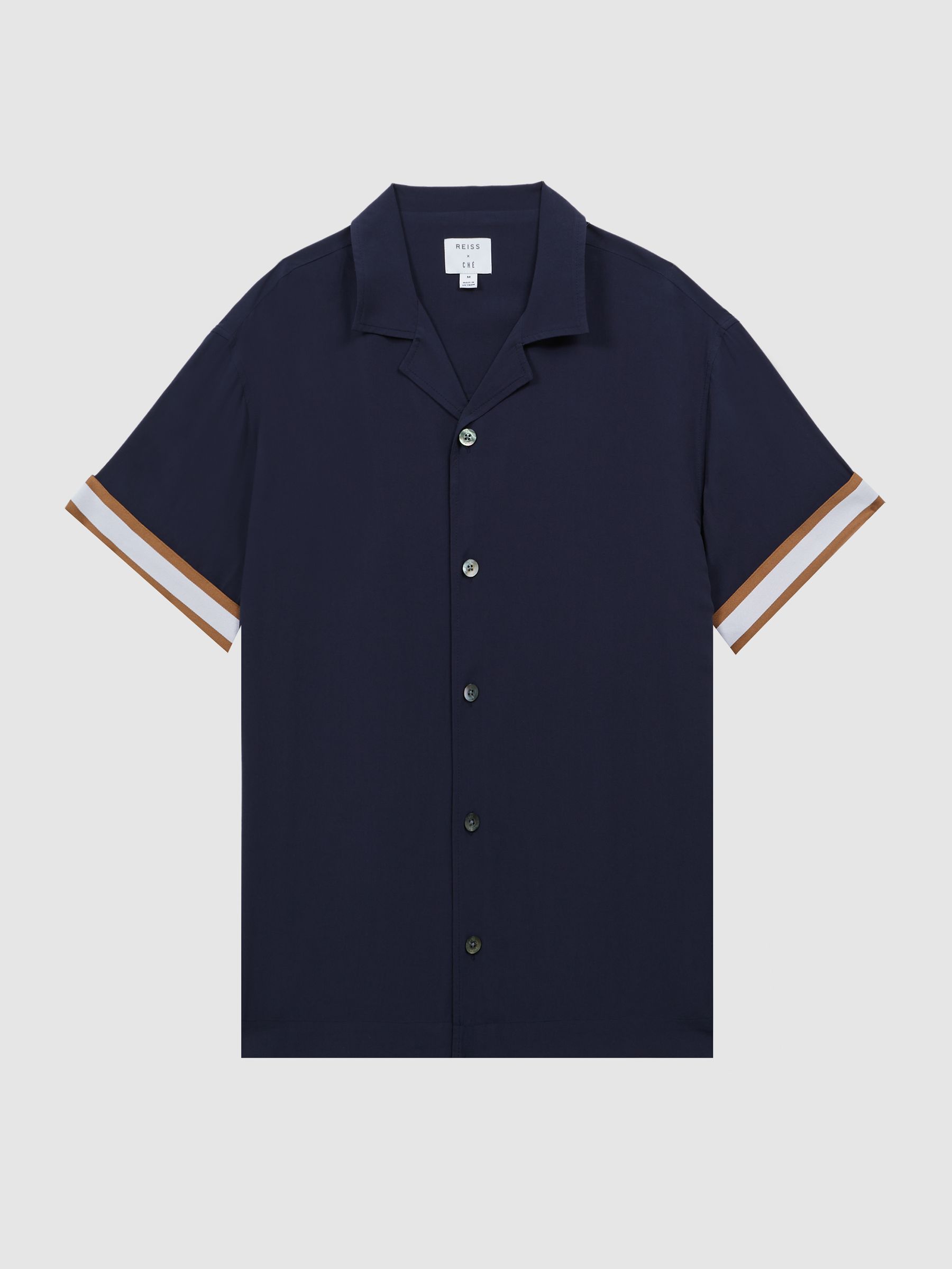Reiss | Ché Contrast Cuff Cuban Collar Shirt in Navy/Tobacco - Image 2 of 5