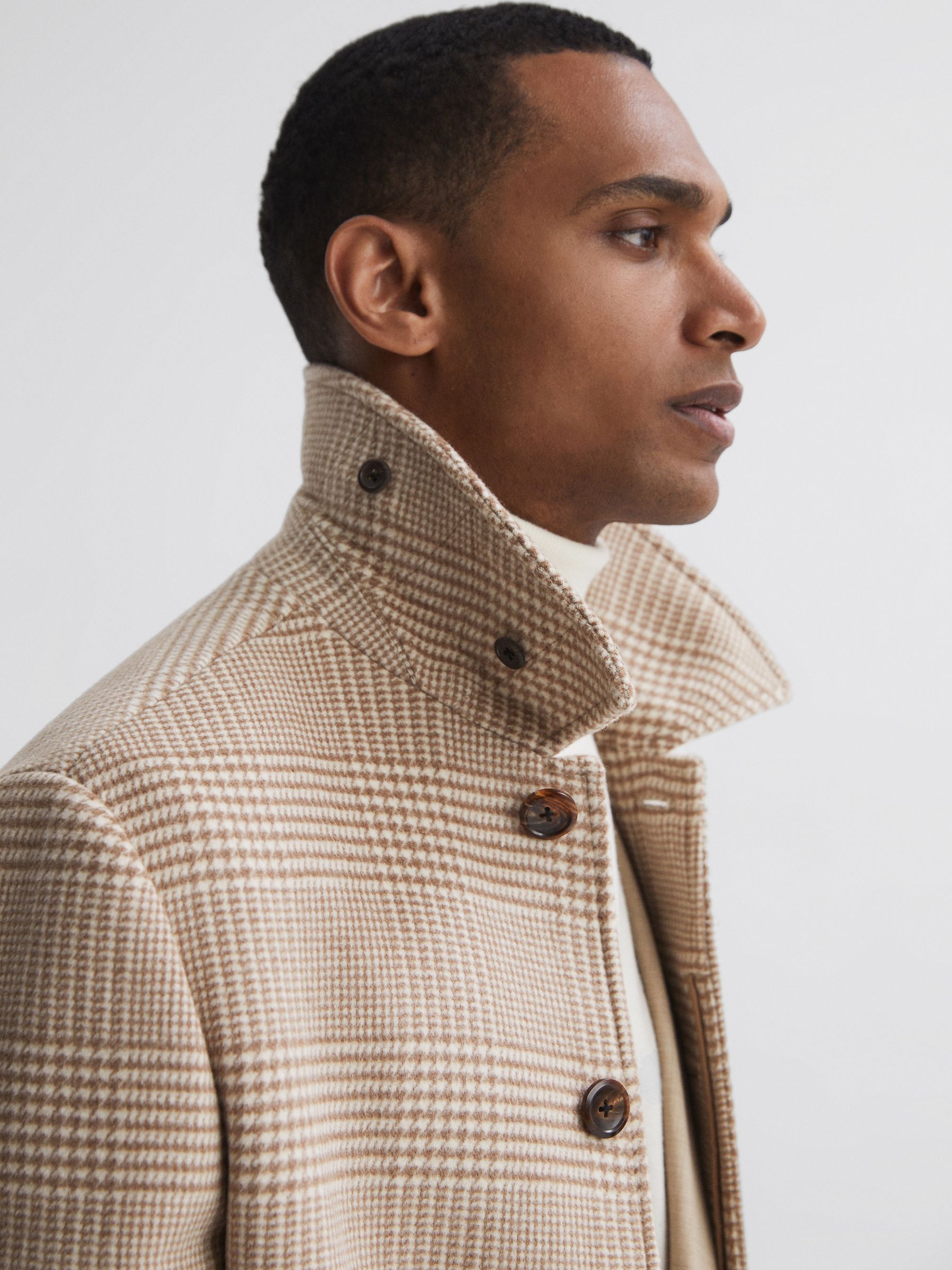 Wool Check Mid Length Coat in Oatmeal - Image 3 of 6