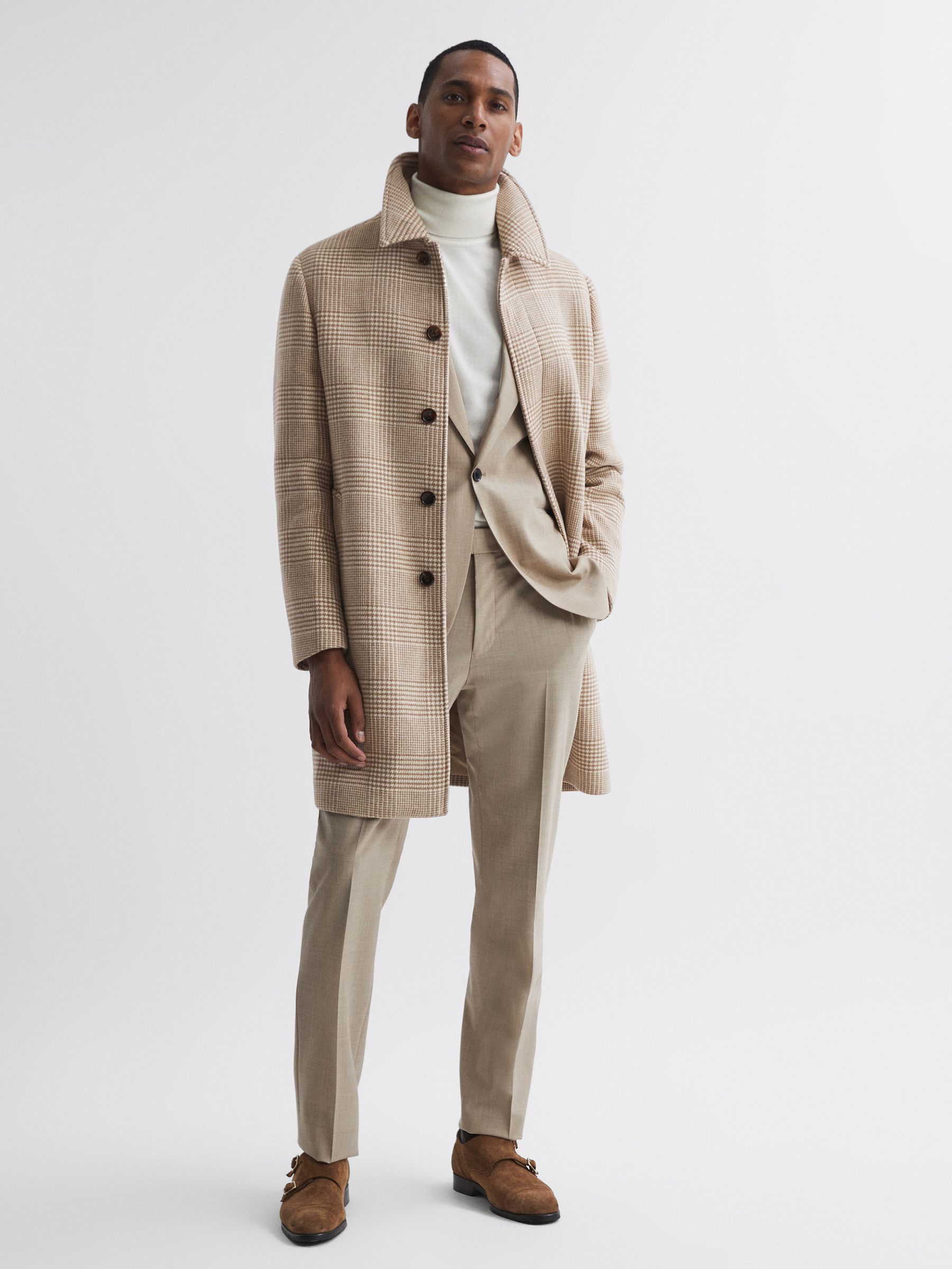 Wool Check Mid Length Coat in Oatmeal - Image 4 of 6