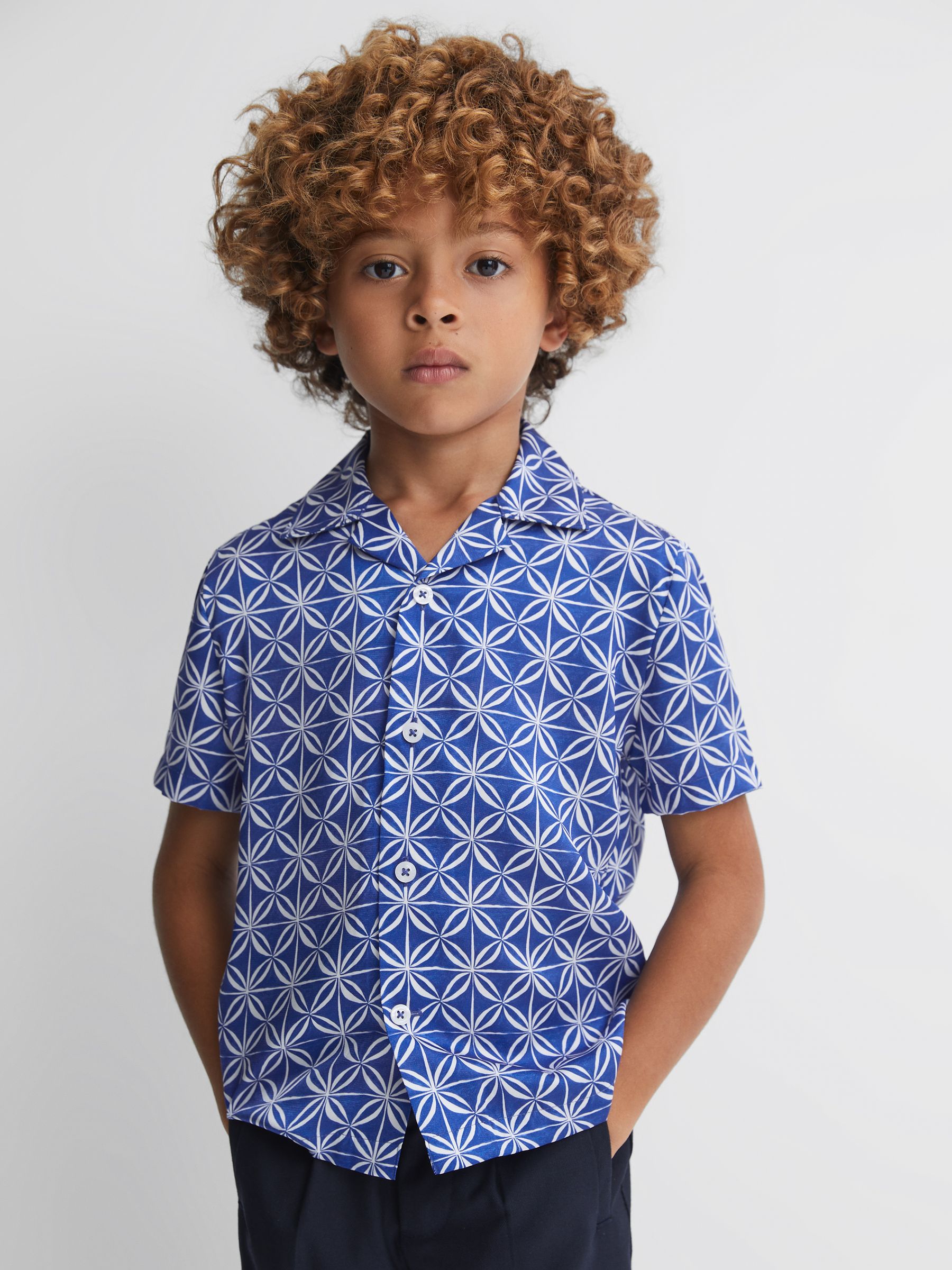 Printed Cuban Collar Shirt in Bright Blue/White - Image 1 of 6