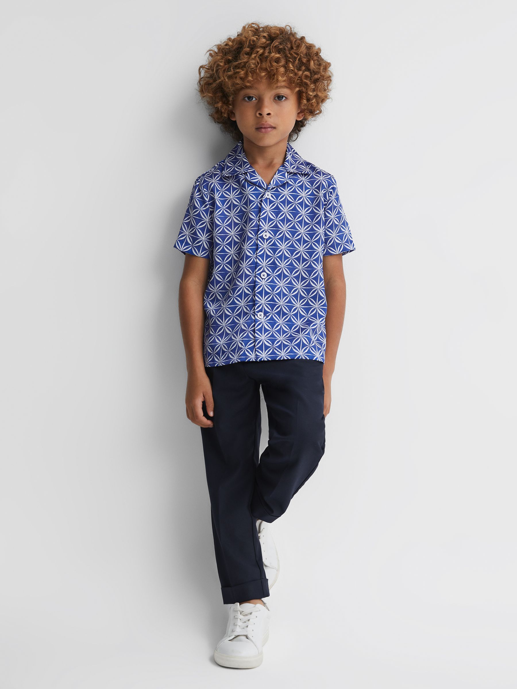 Printed Cuban Collar Shirt in Bright Blue/White - Image 3 of 6