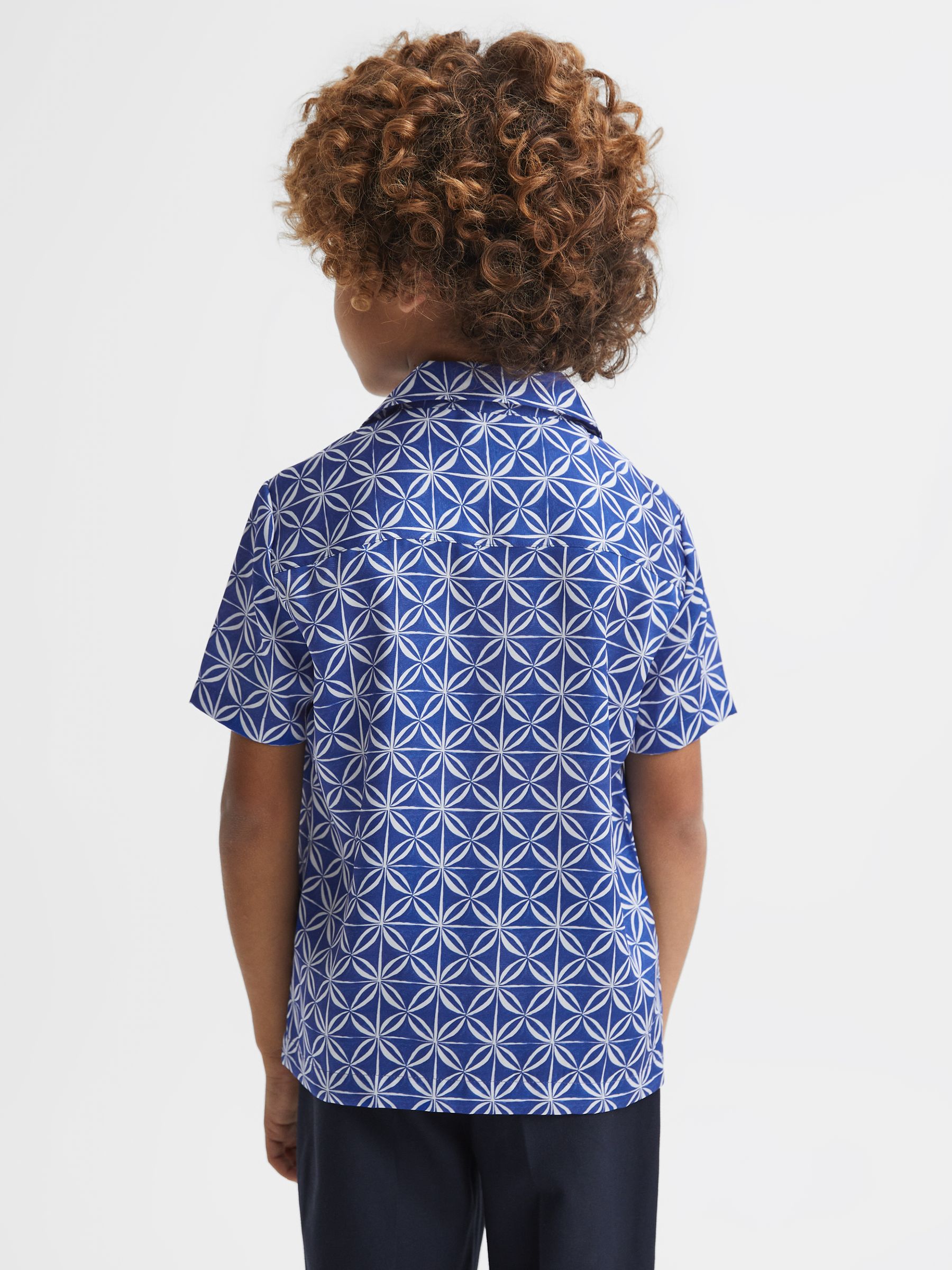 Printed Cuban Collar Shirt in Bright Blue/White - Image 5 of 6