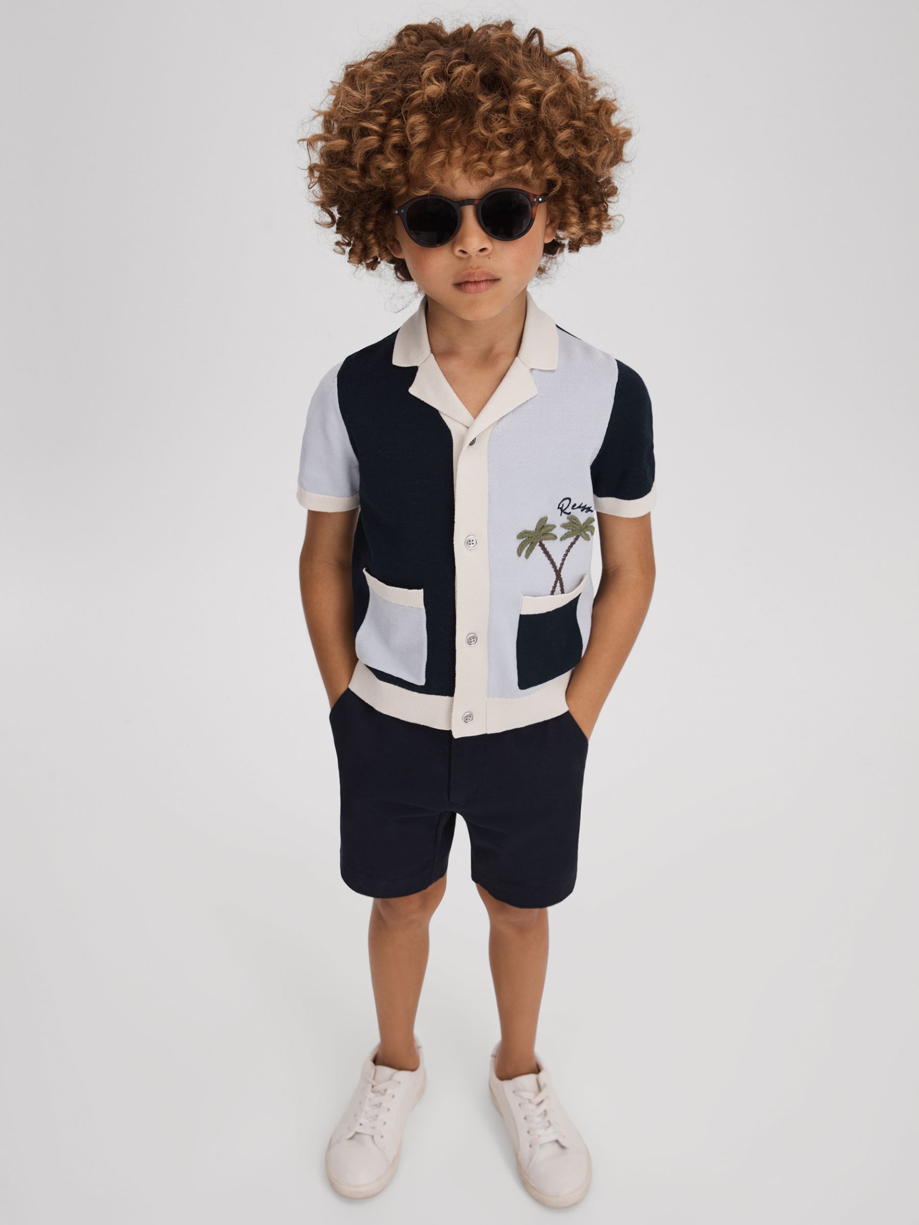 3-9 yrs Knitted Colourblock Cuban Collar Shirt in Blue Multi - Image 1 of 4 3-9 yrs Knitted Colourblock Cuban Collar Shirt in Blue Multi - Image 1 of 4