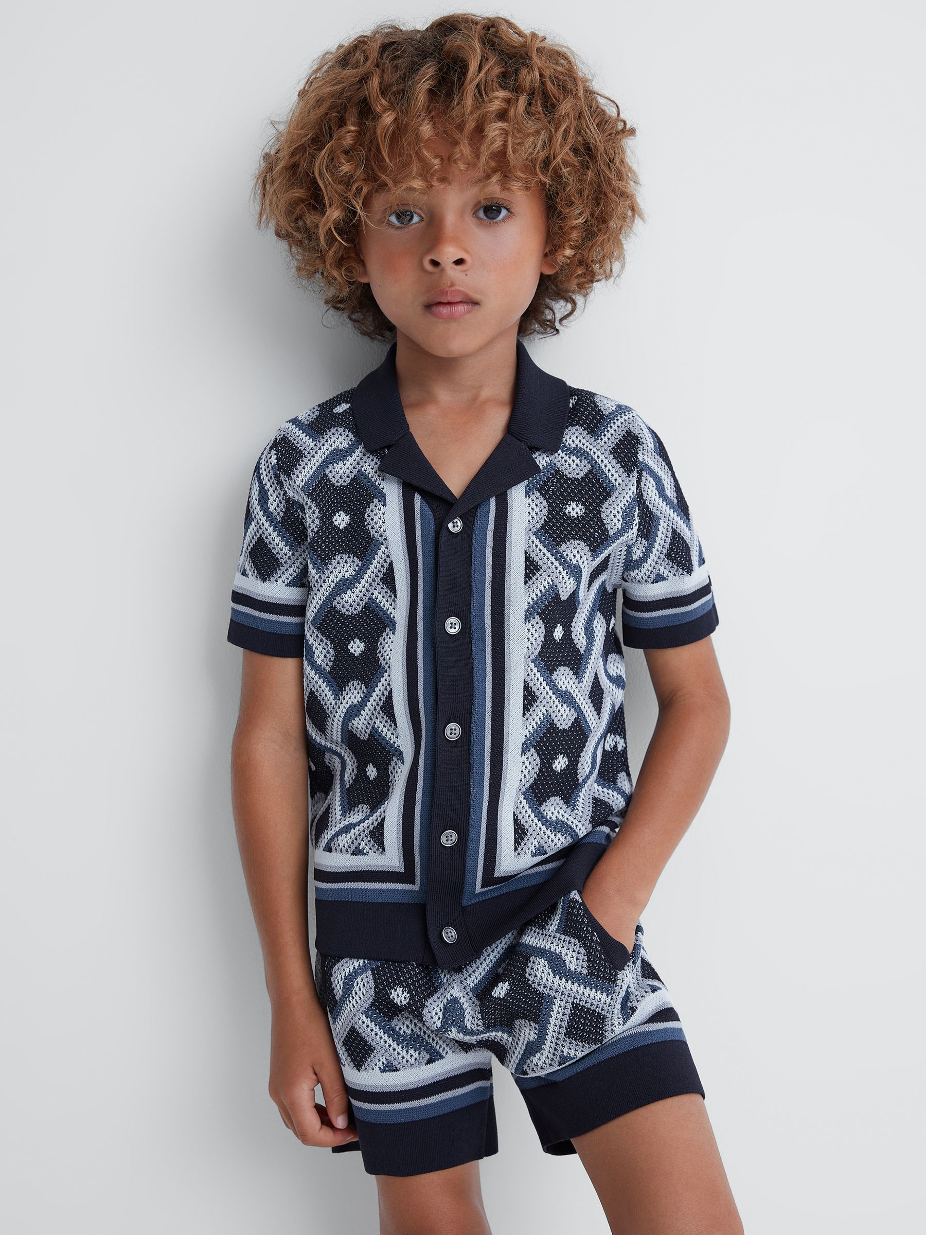 13-14 yrs Knitted Cuban Collar Button-Through Shirt in Navy Multi - Image 1 of 6