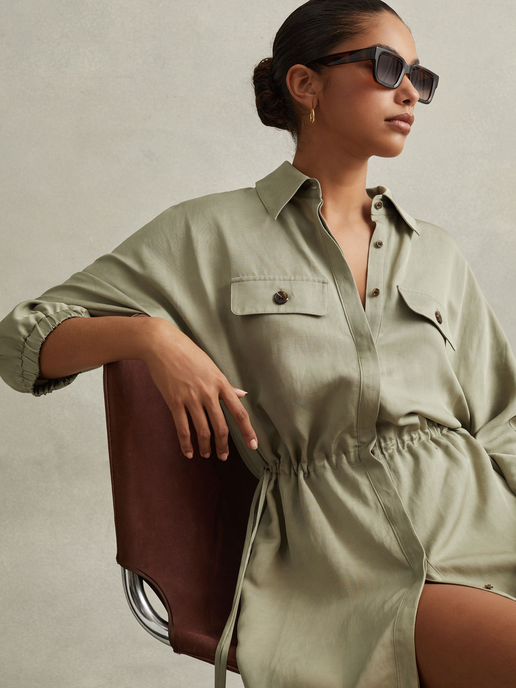 Viscose-Linen Tie Waist Mini Dress in Green - Image 1 of 7