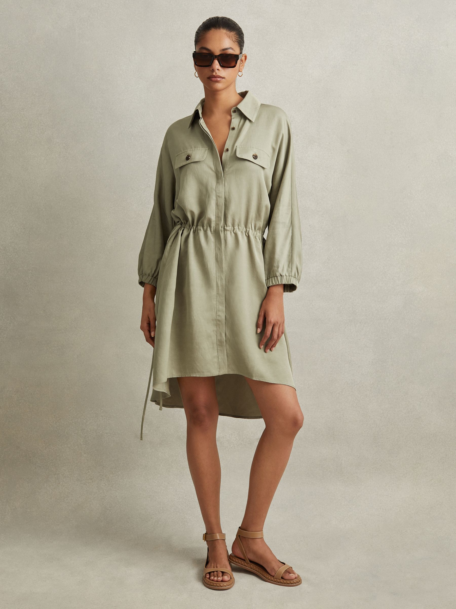 Viscose-Linen Tie Waist Mini Dress in Green - Image 3 of 7