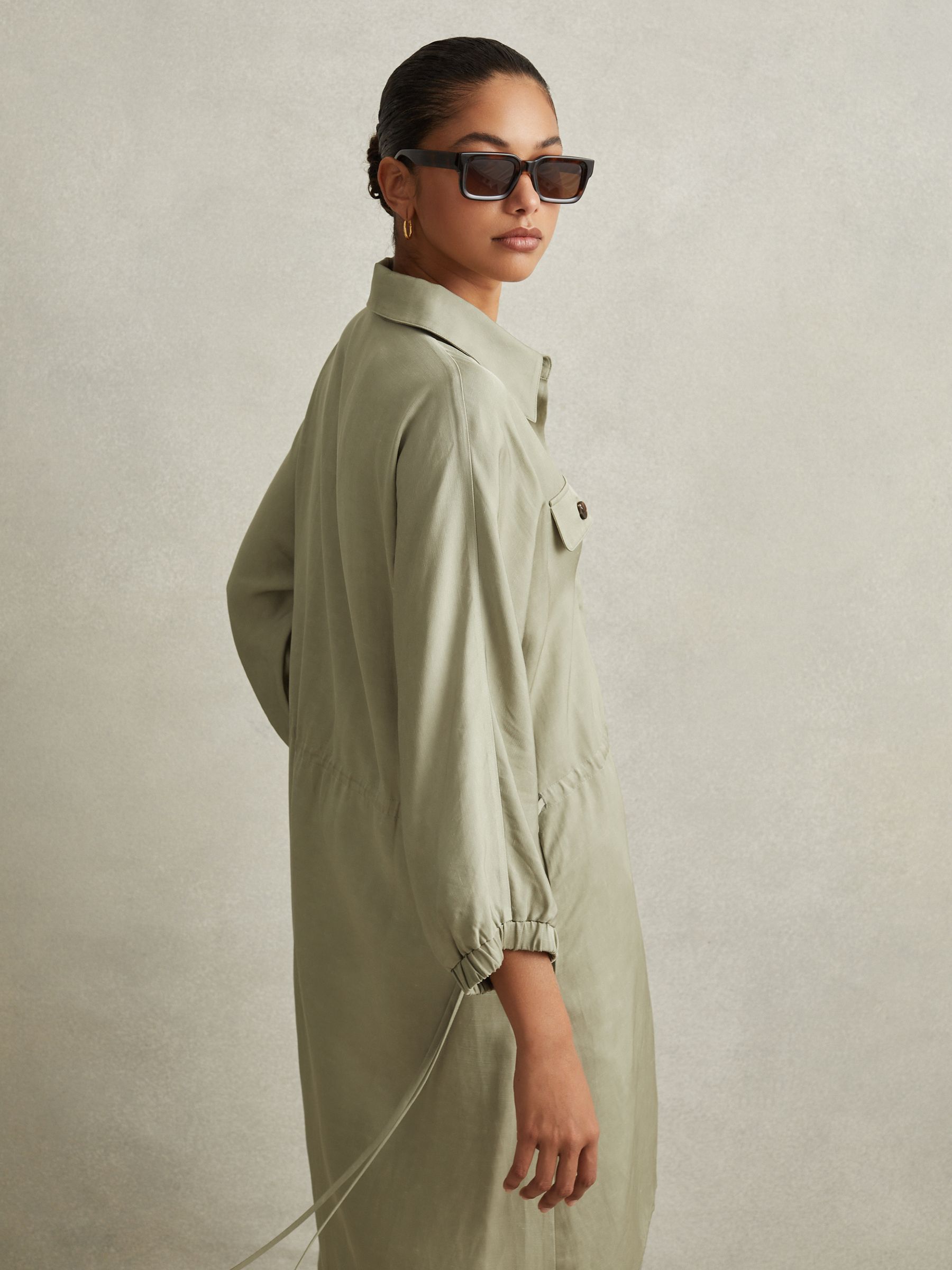Viscose-Linen Tie Waist Mini Dress in Green - Image 4 of 7