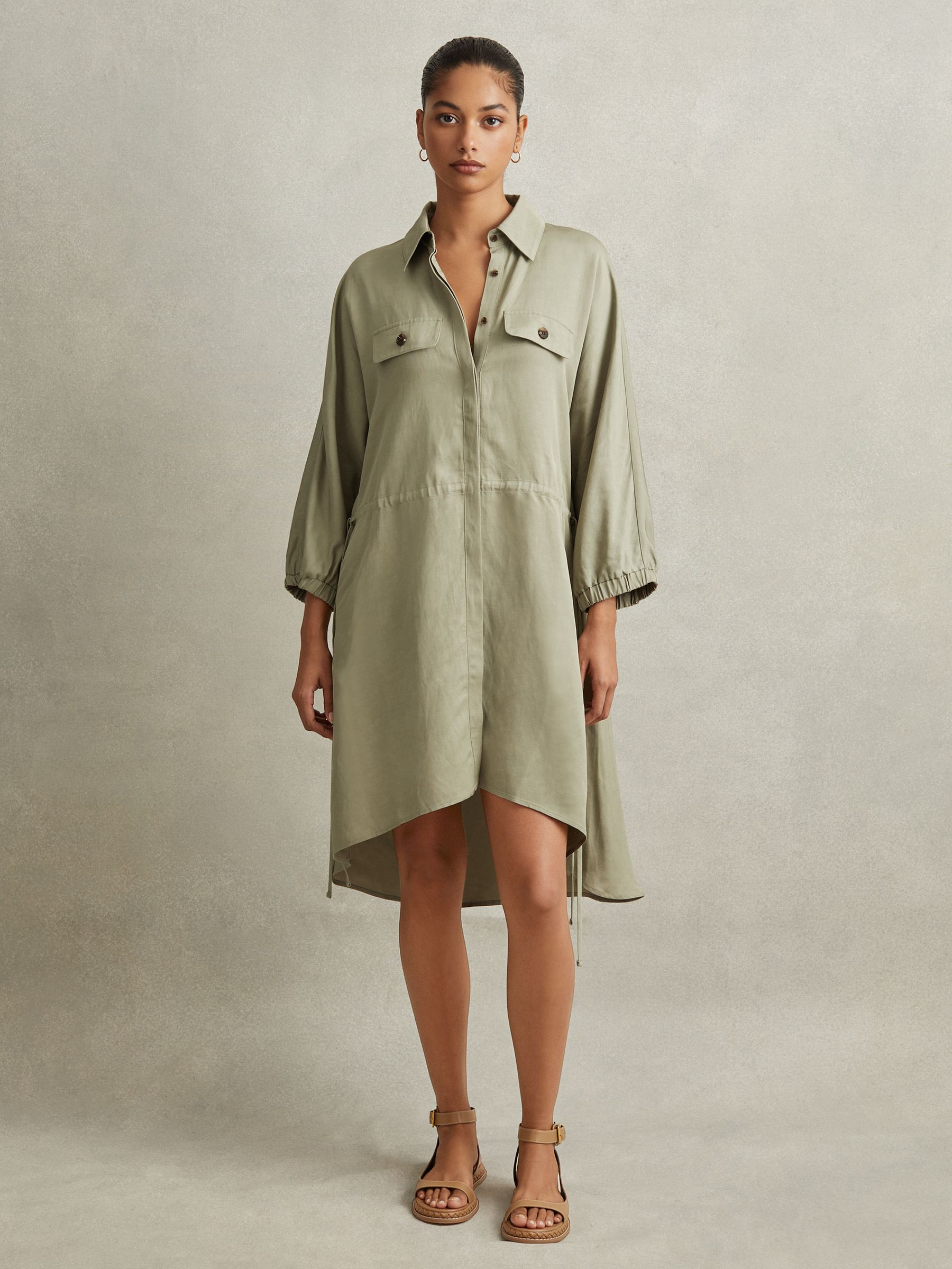 Viscose-Linen Tie Waist Mini Dress in Green - Image 5 of 7