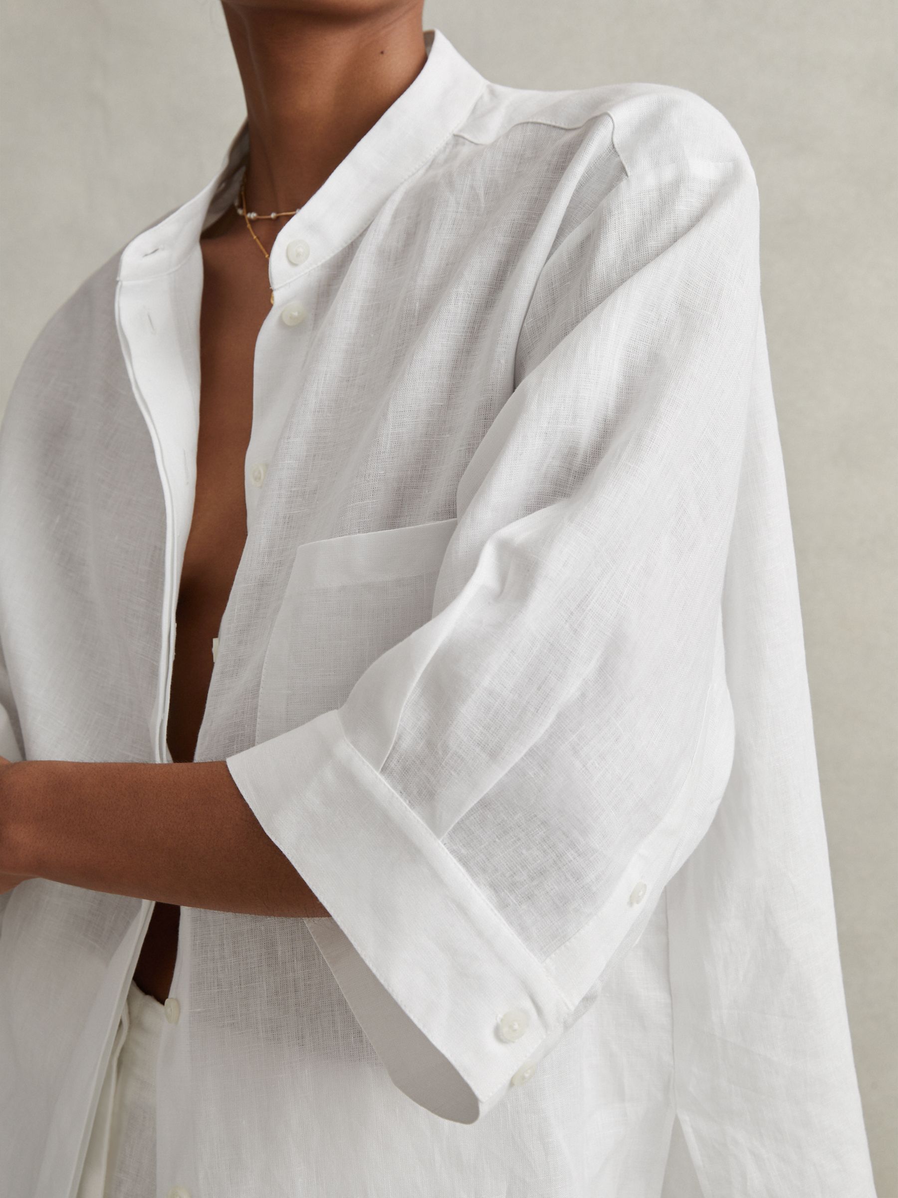 Relaxed Sleeve 100% Linen Shirt in White - Image 3 of 6