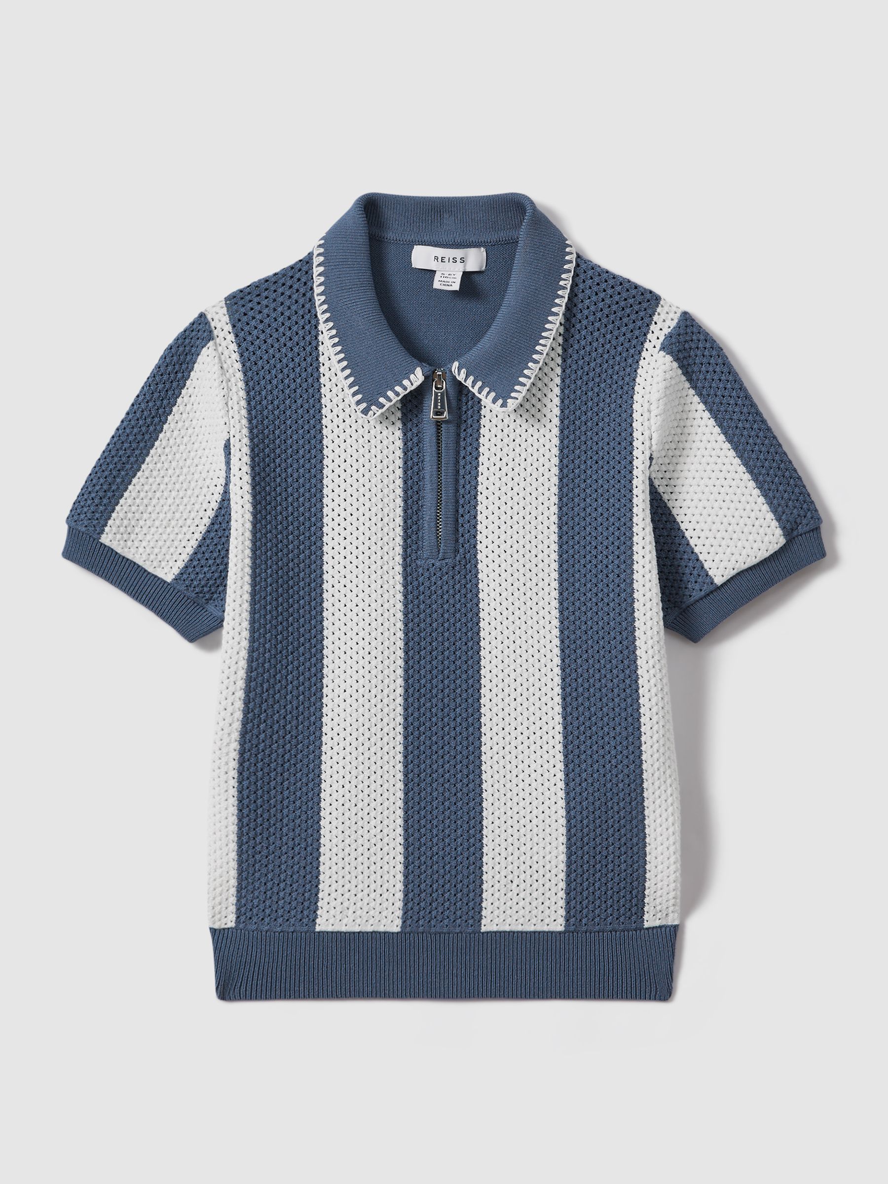 3-9 yrs Knitted Striped Half-Zip Polo Shirt in Airforce Blue/Ecru - Image 2 of 4 3-9 yrs Knitted Striped Half-Zip Polo Shirt in Airforce Blue/Ecru - Image 2 of 4