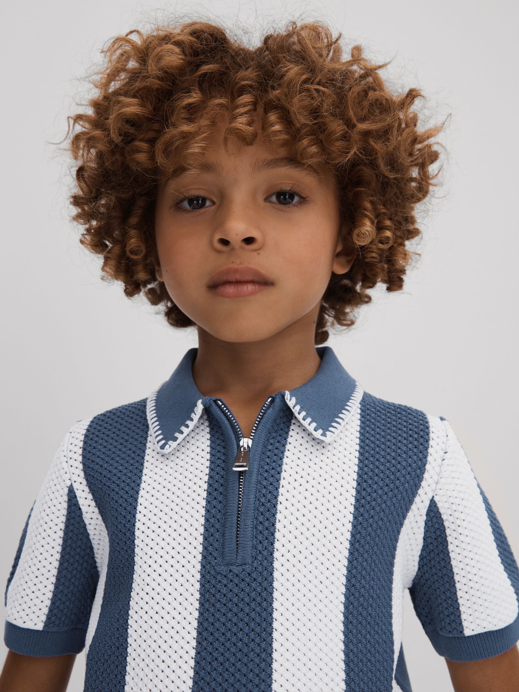 3-9 yrs Knitted Striped Half-Zip Polo Shirt in Airforce Blue/Ecru - Image 3 of 4