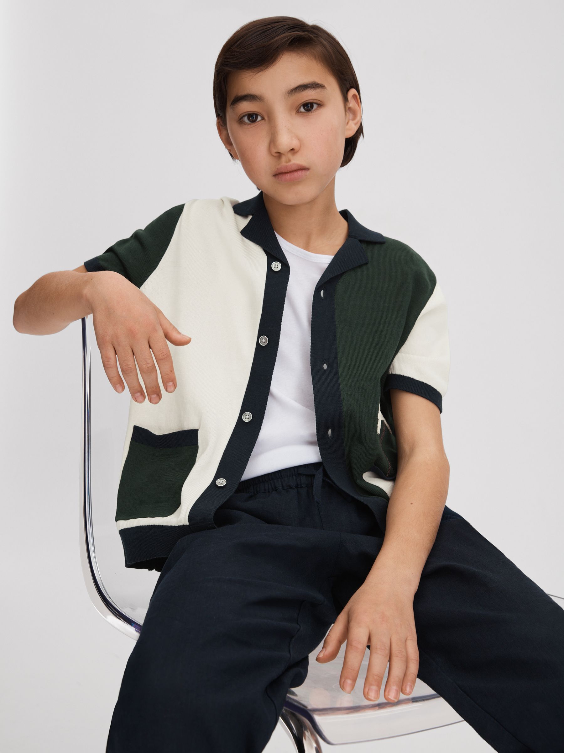 3-9 yrs Knitted Colourblock Cuban Collar Shirt in Green Multi - Image 1 of 4 3-9 yrs Knitted Colourblock Cuban Collar Shirt in Green Multi - Image 1 of 4