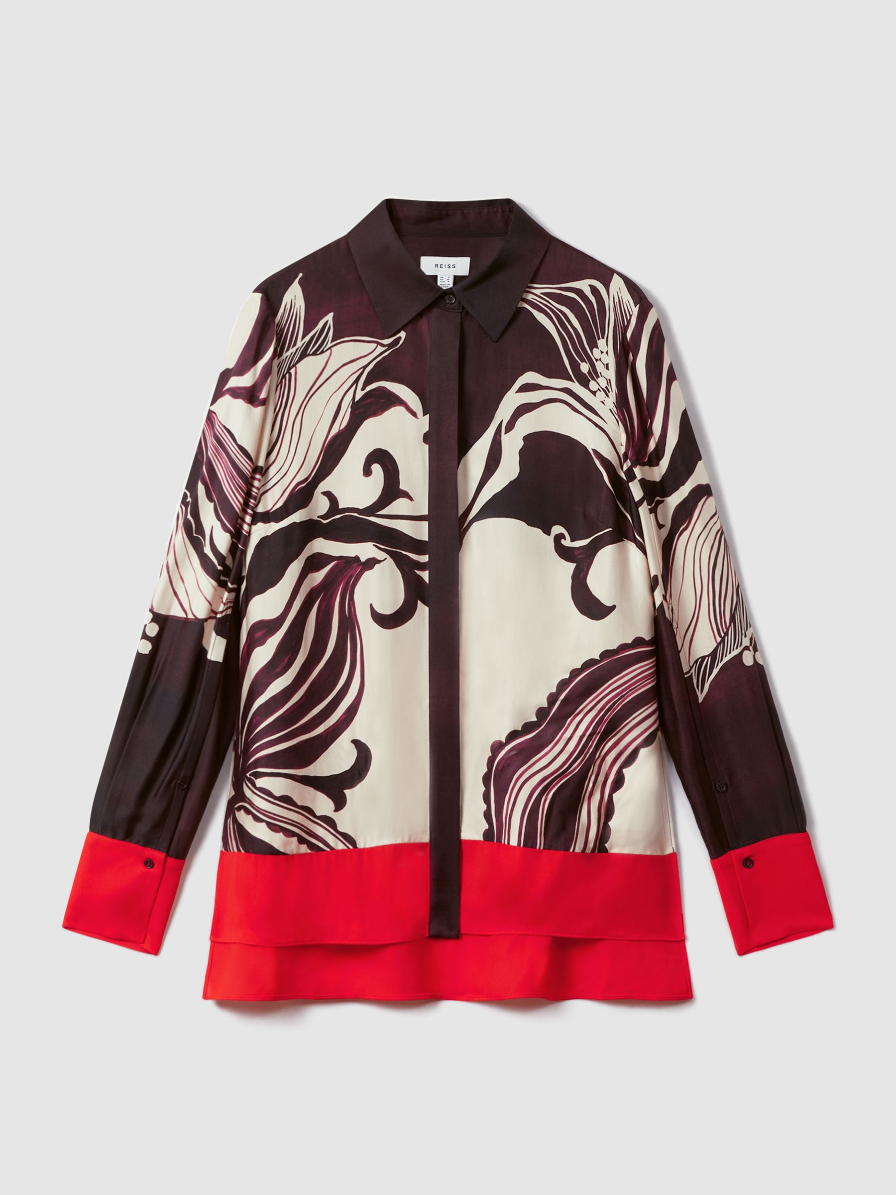 Printed High-Low Button-Through Shirt in Burgundy/Cream - Image 2 of 6