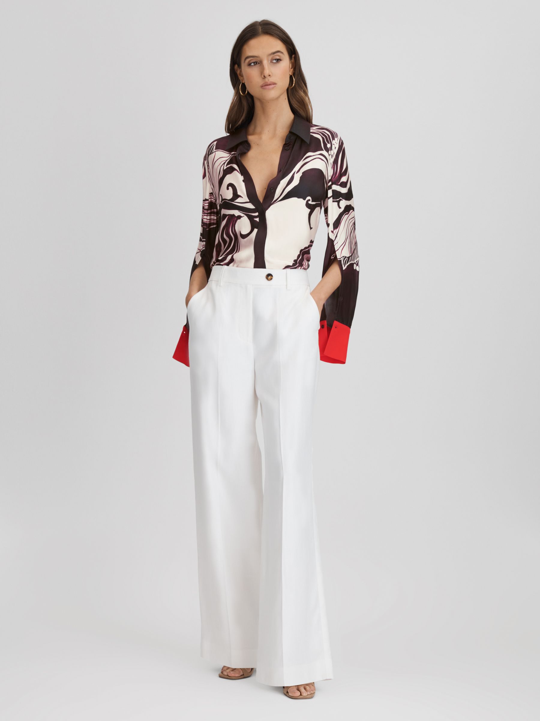 Printed High-Low Button-Through Shirt in Burgundy/Cream - Image 3 of 6