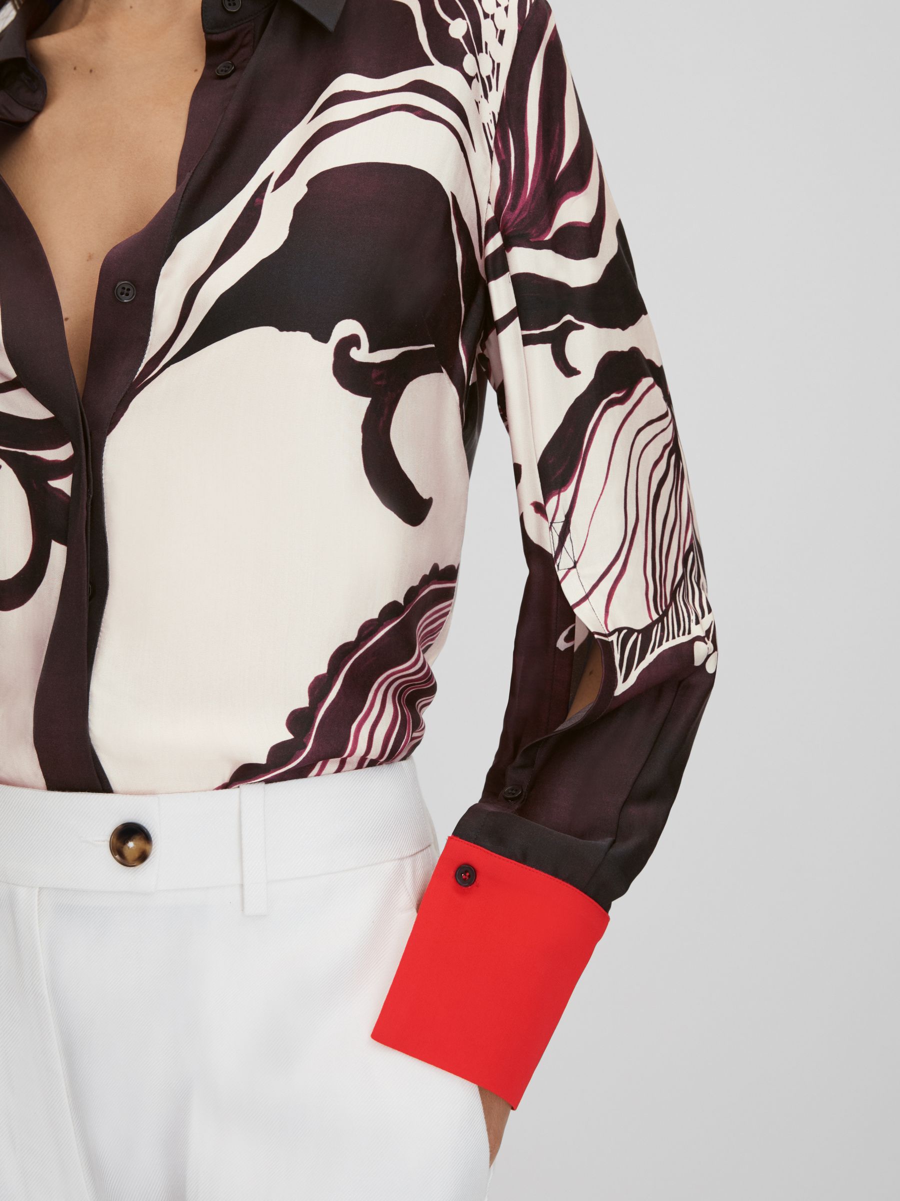 Printed High-Low Button-Through Shirt in Burgundy/Cream - Image 4 of 6