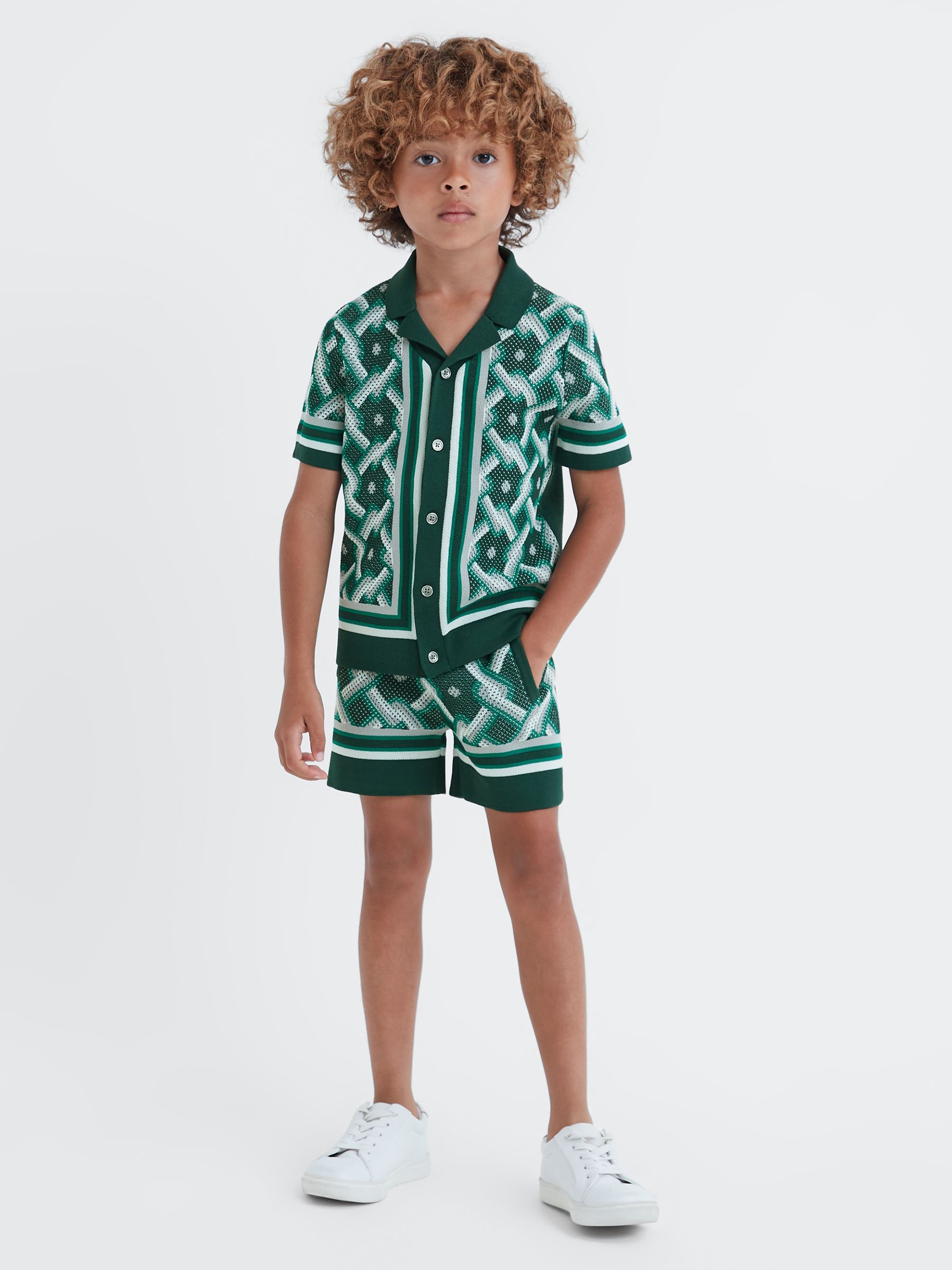 Teen Knitted Cuban Collar Button-Through Shirt in Green Multi - Image 3 of 6