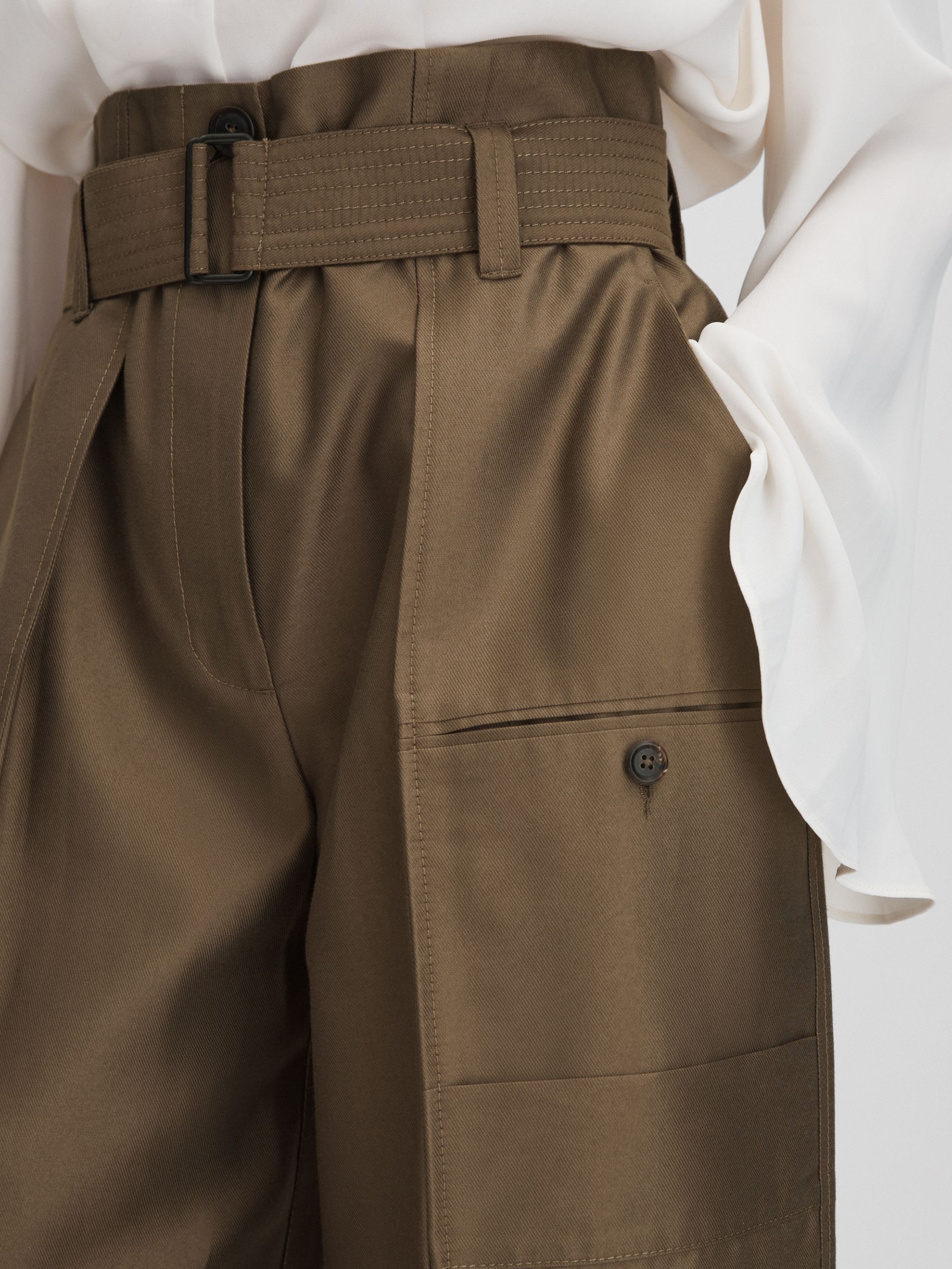 Wide Leg Paper Bag Trousers in Khaki - Image 4 of 6
