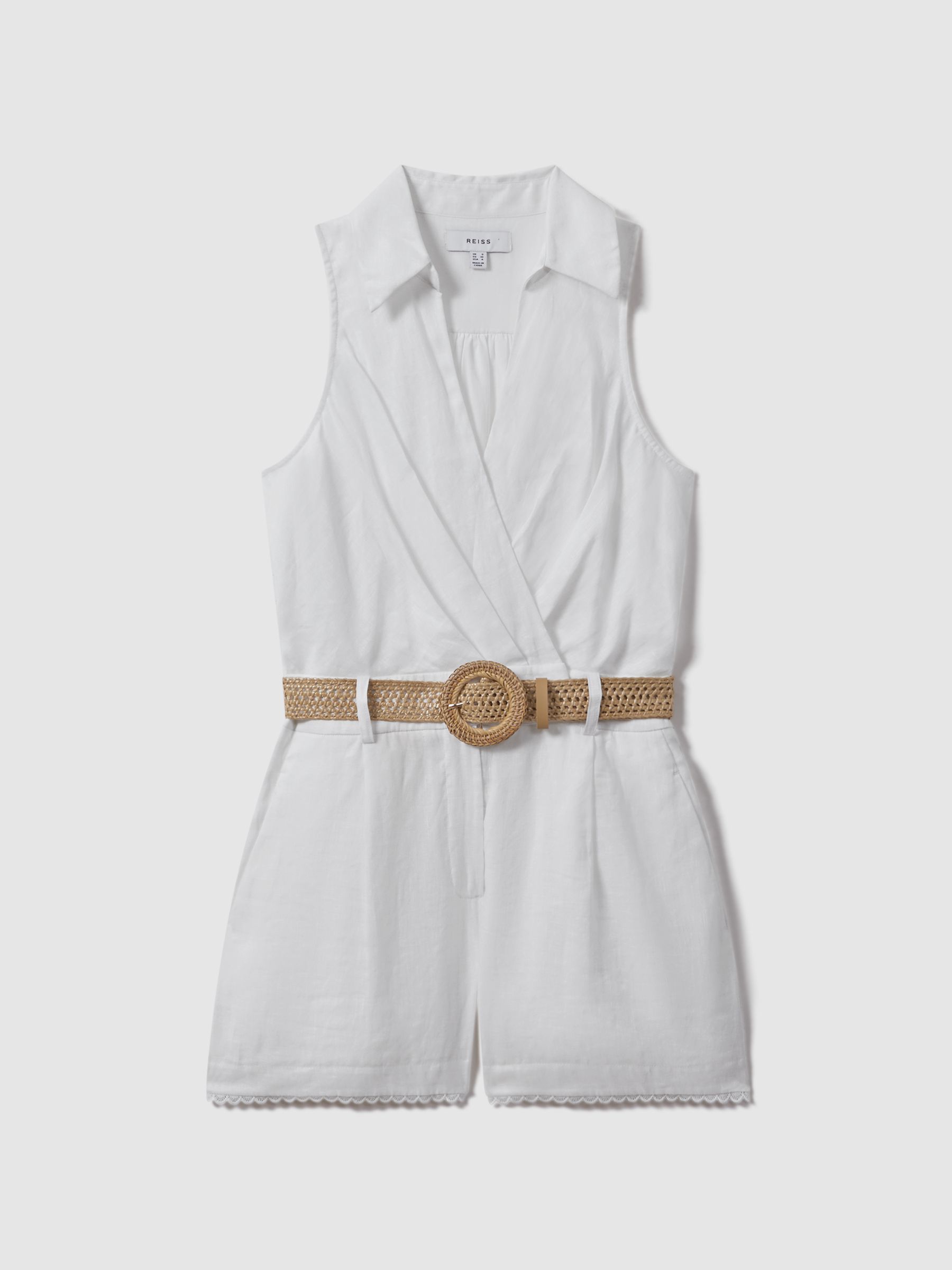 Linen Double Breasted Belted Playsuit in Ivory - Image 2 of 5