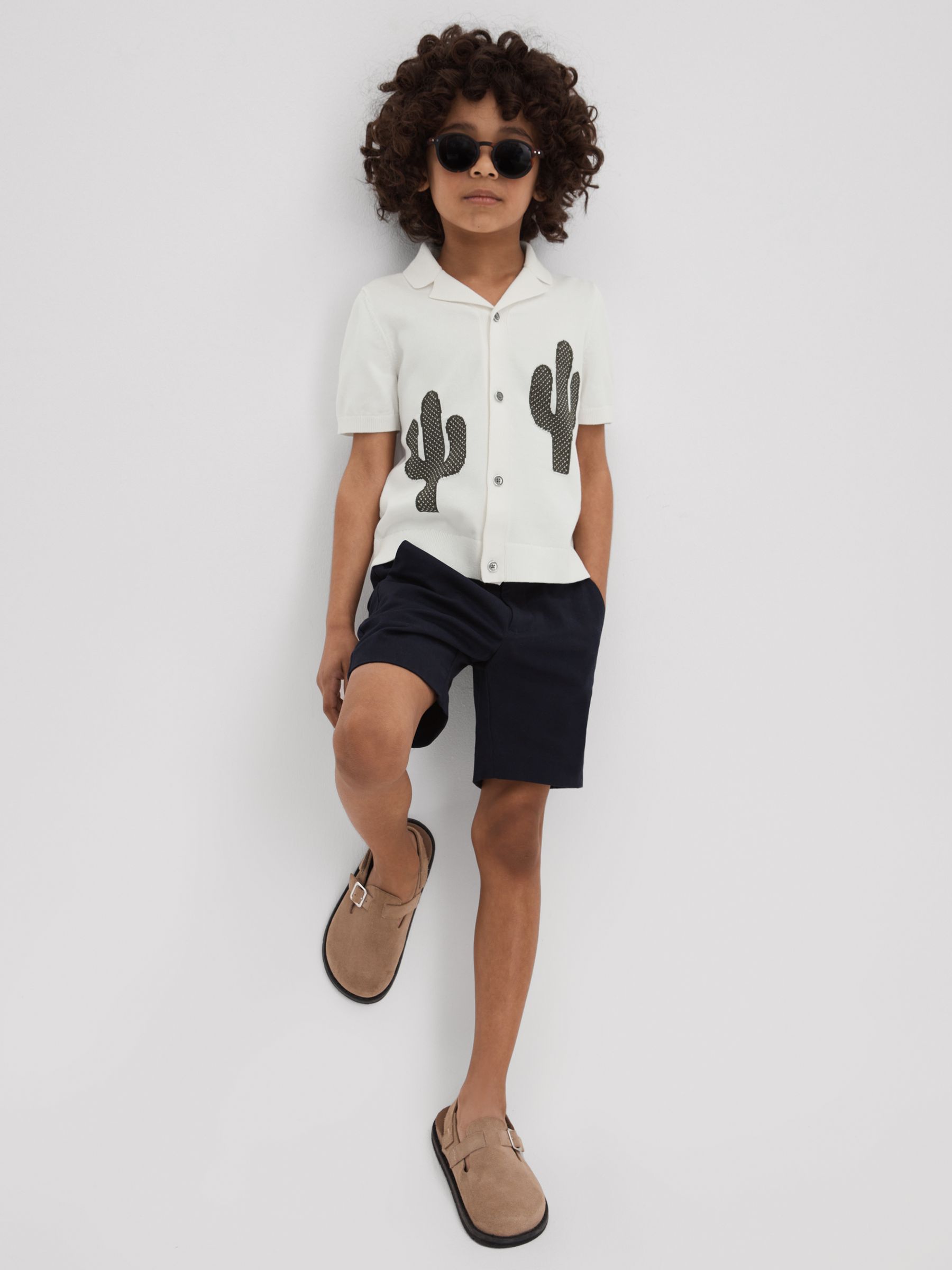 13-14 yrs Knitted Cactus Cuban Collar Shirt in Ecru/Green - Image 2 of 4