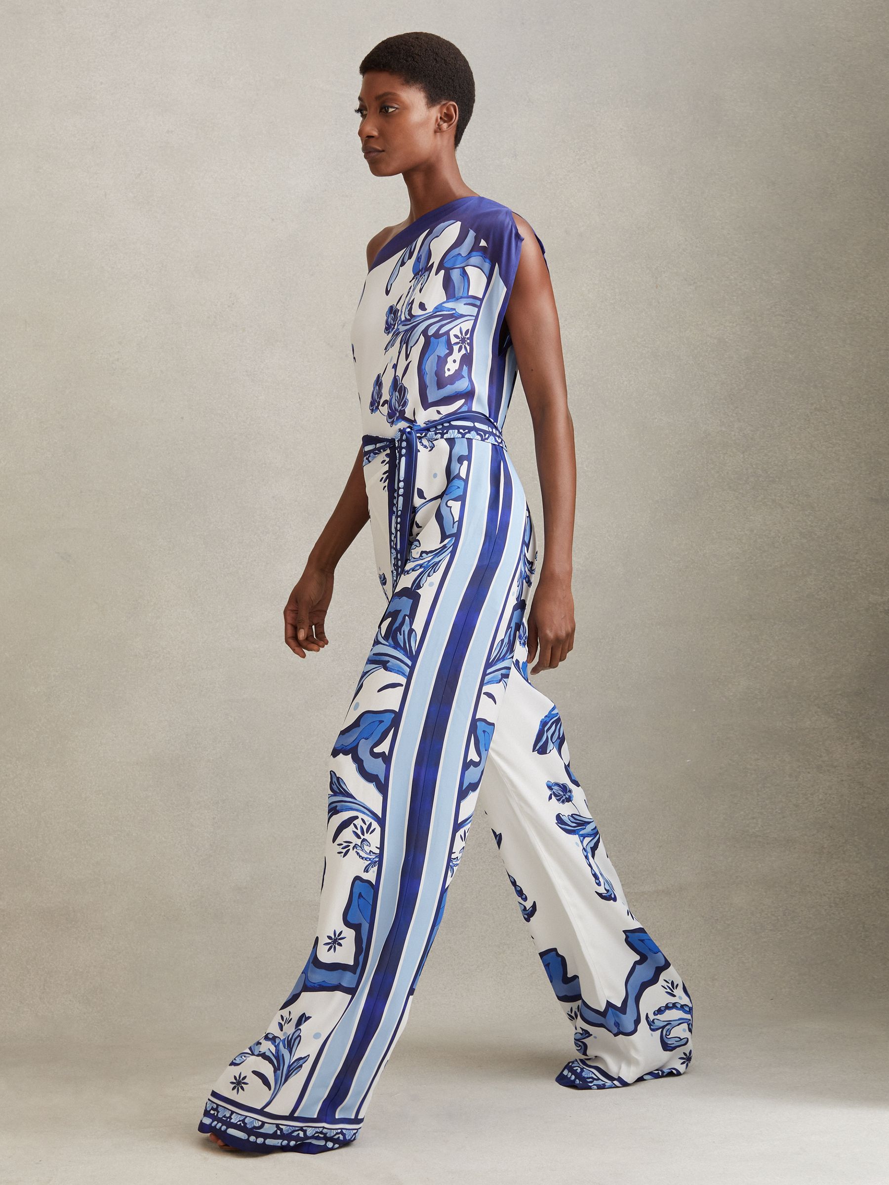 Tile Print Off-The-Shoulder Jumpsuit in Blue - Image 4 of 5