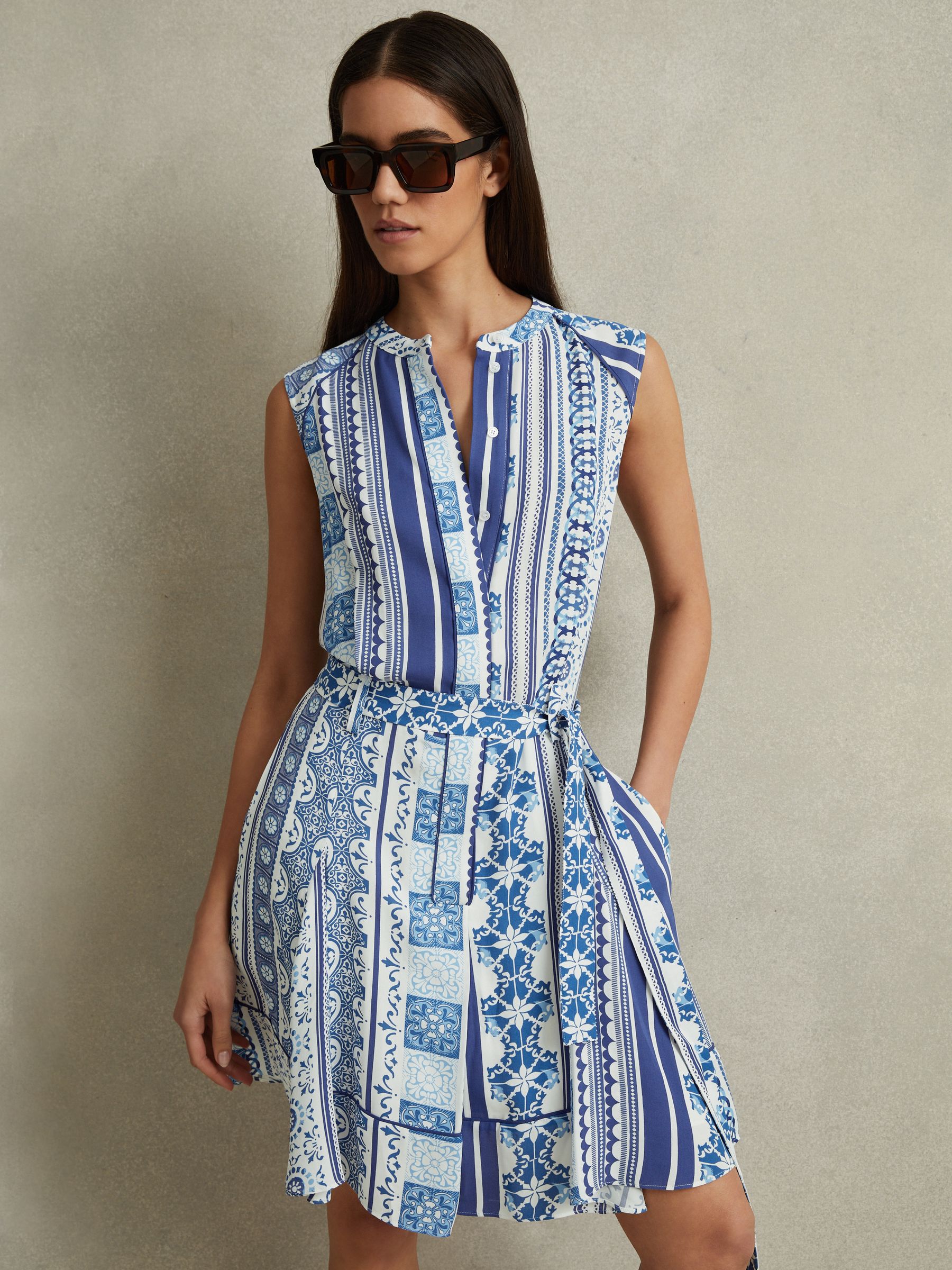 Tile Print Belted Mini Dress in Blue - Image 1 of 5