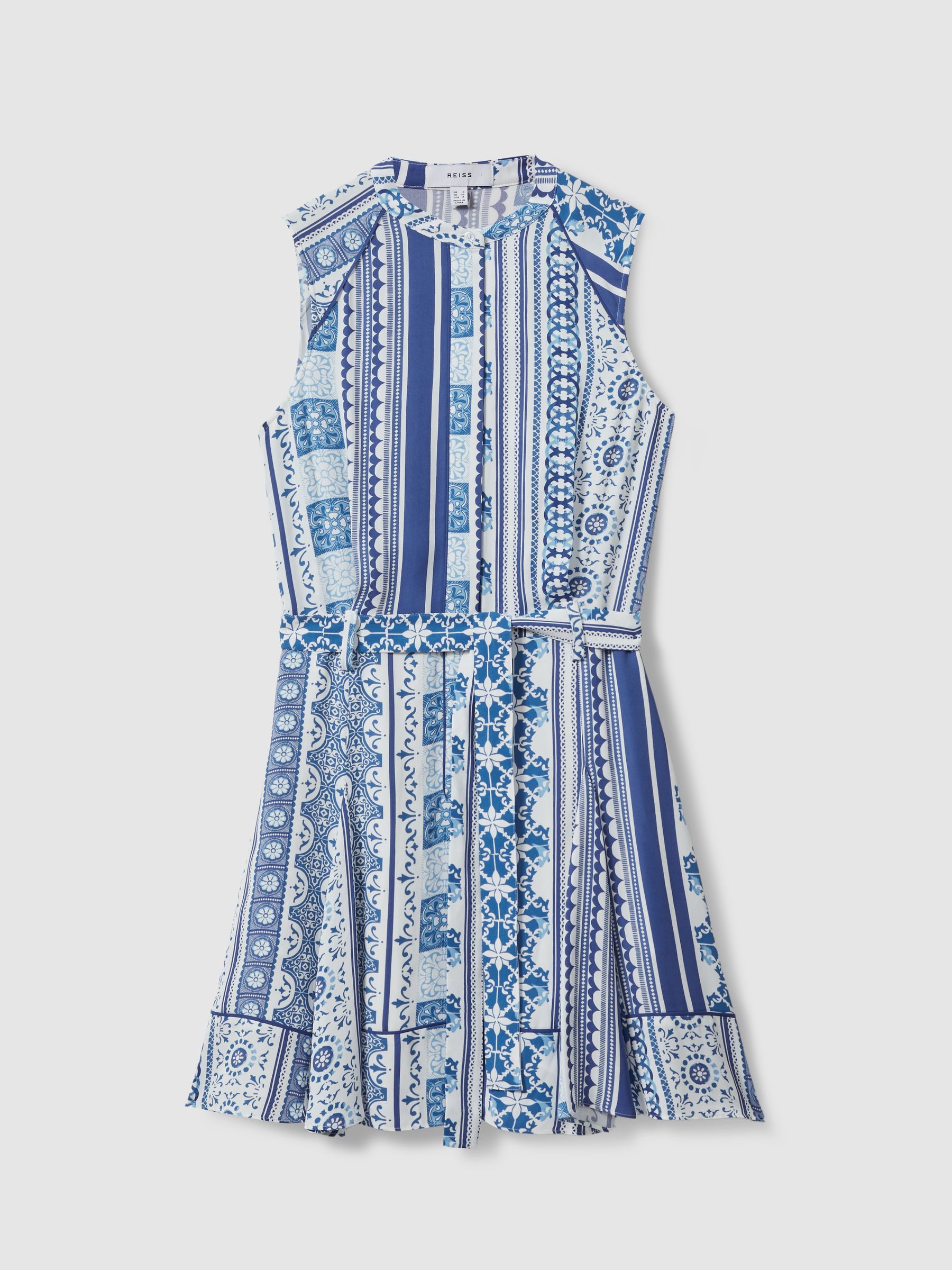 Tile Print Belted Mini Dress in Blue - Image 2 of 5