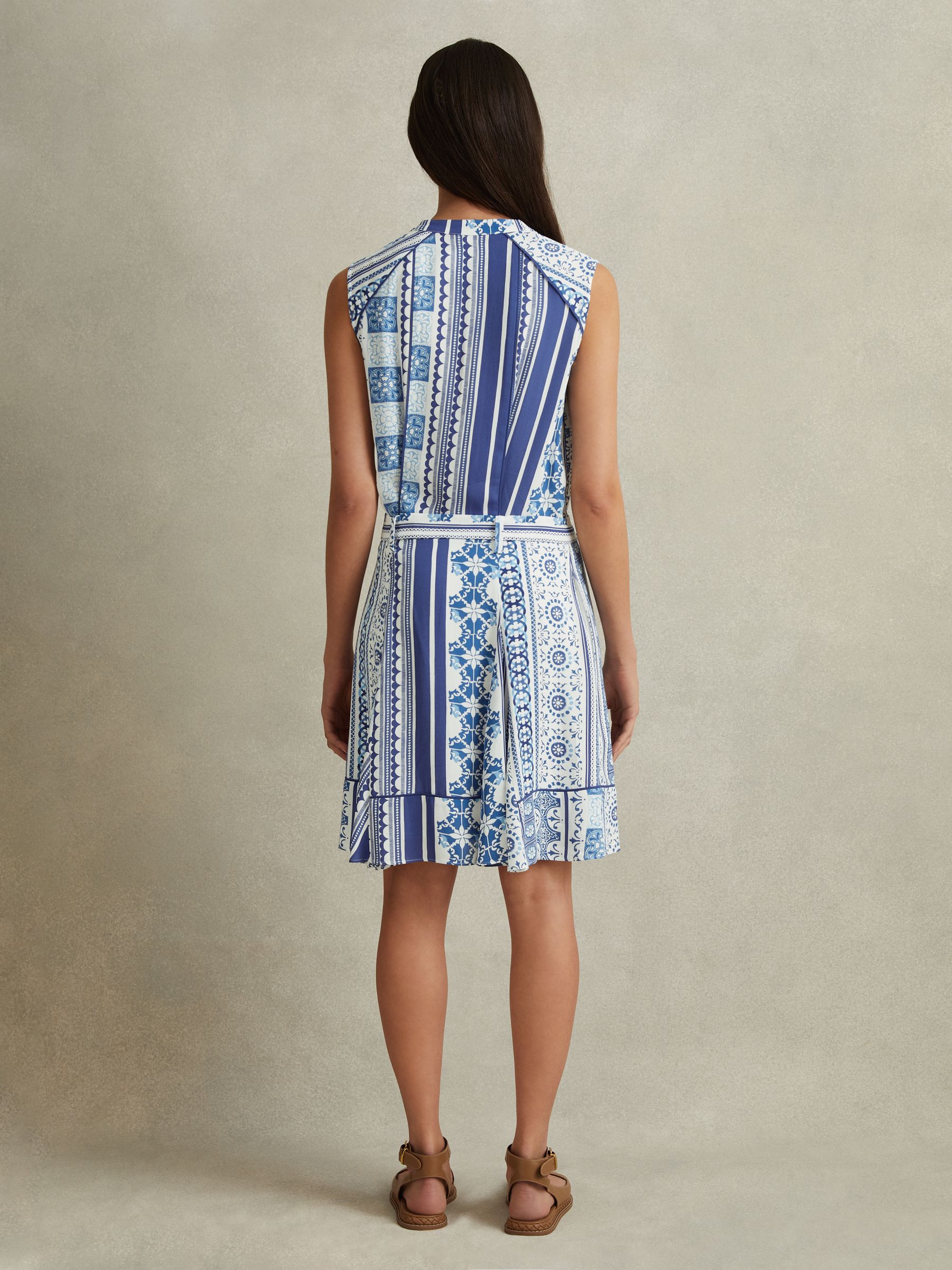 Tile Print Belted Mini Dress in Blue - Image 3 of 5