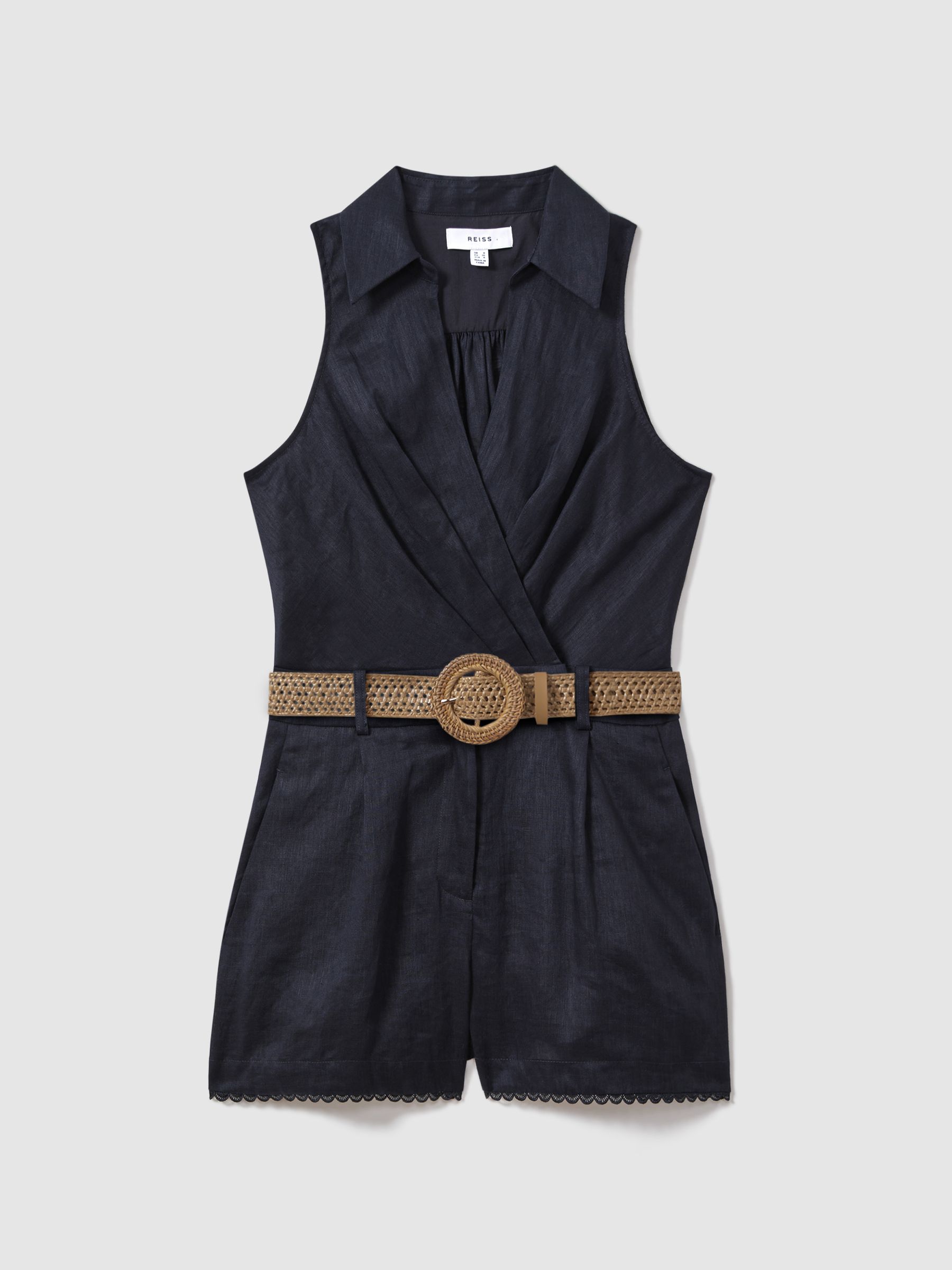 Linen Double Breasted Belted Playsuit in Navy - Image 2 of 6