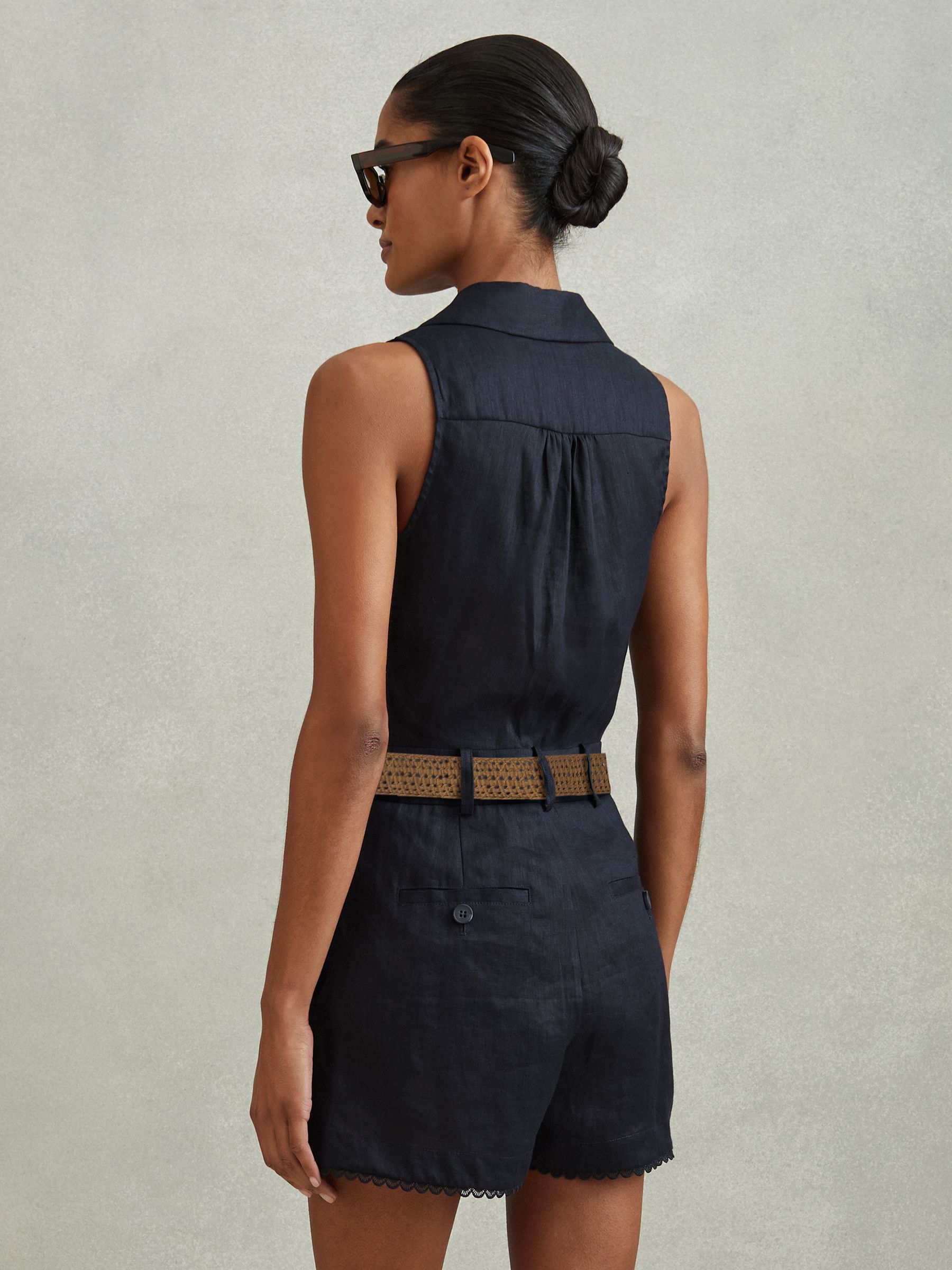 Linen Double Breasted Belted Playsuit in Navy - Image 4 of 6