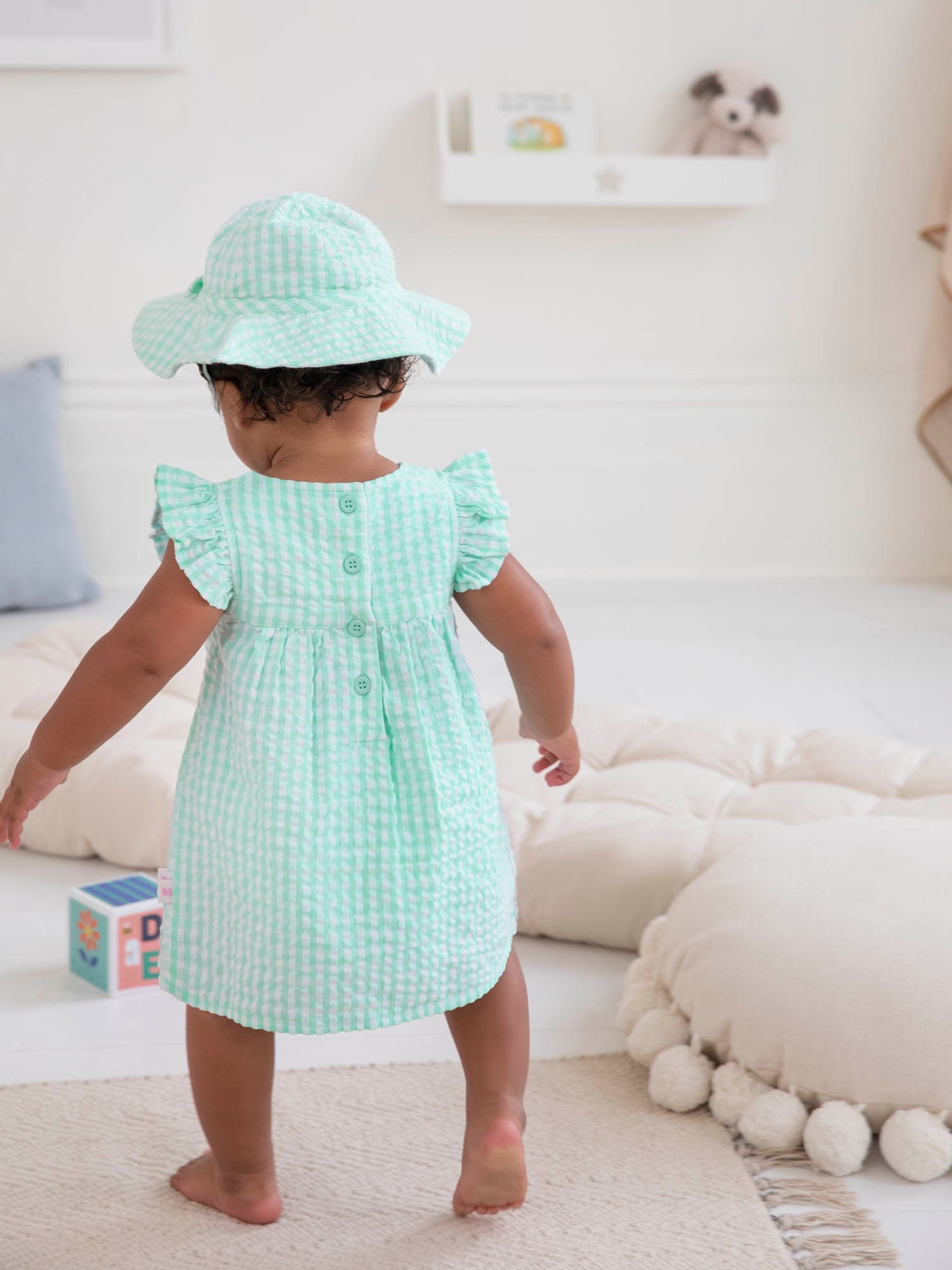Duck Egg 3-Piece Gingham Bunny Embroidered Dress With Knickers & Floppy Hat Set - Image 2 of 7