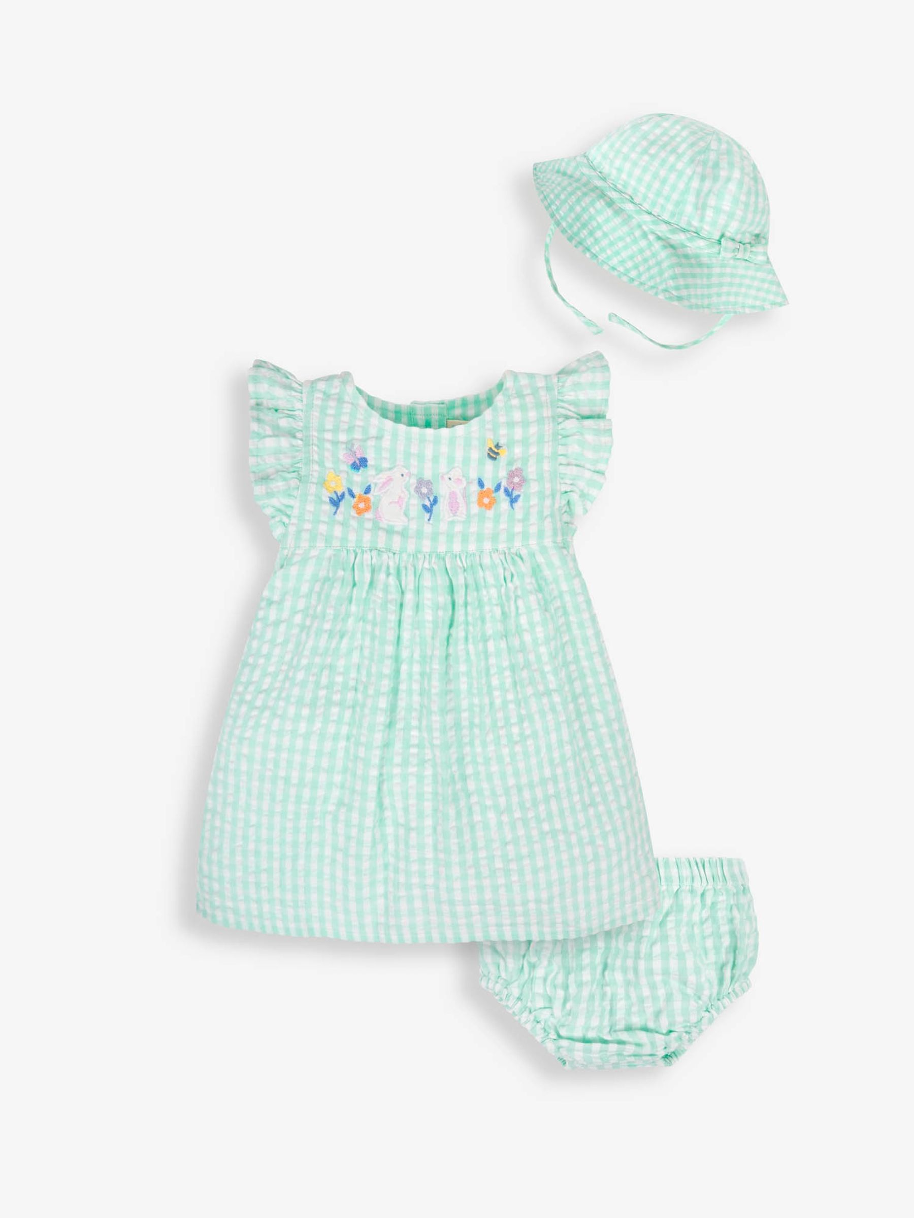 Duck Egg 3-Piece Gingham Bunny Embroidered Dress With Knickers & Floppy Hat Set - Image 3 of 7