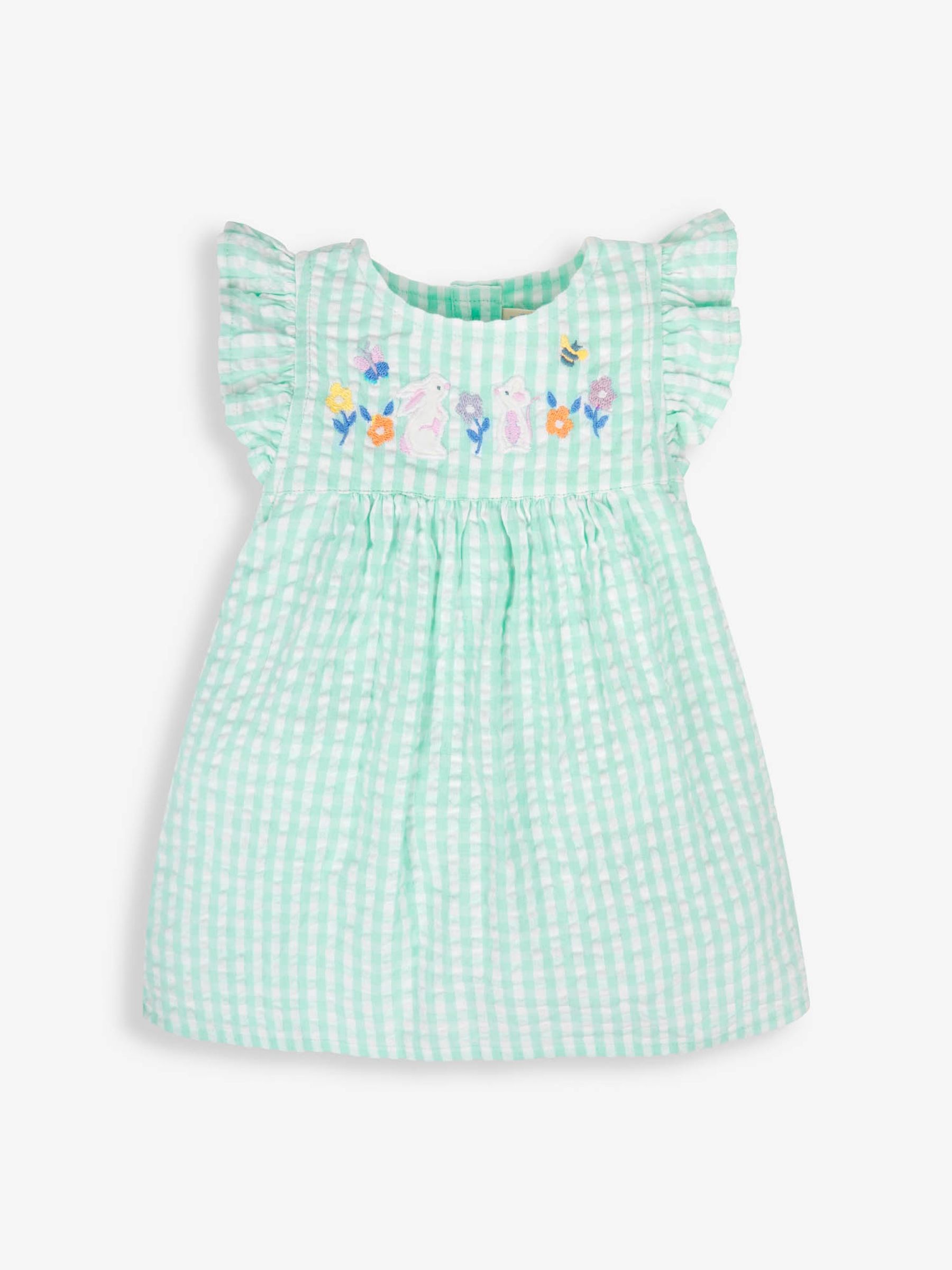 Duck Egg 3-Piece Gingham Bunny Embroidered Dress With Knickers & Floppy Hat Set - Image 4 of 7