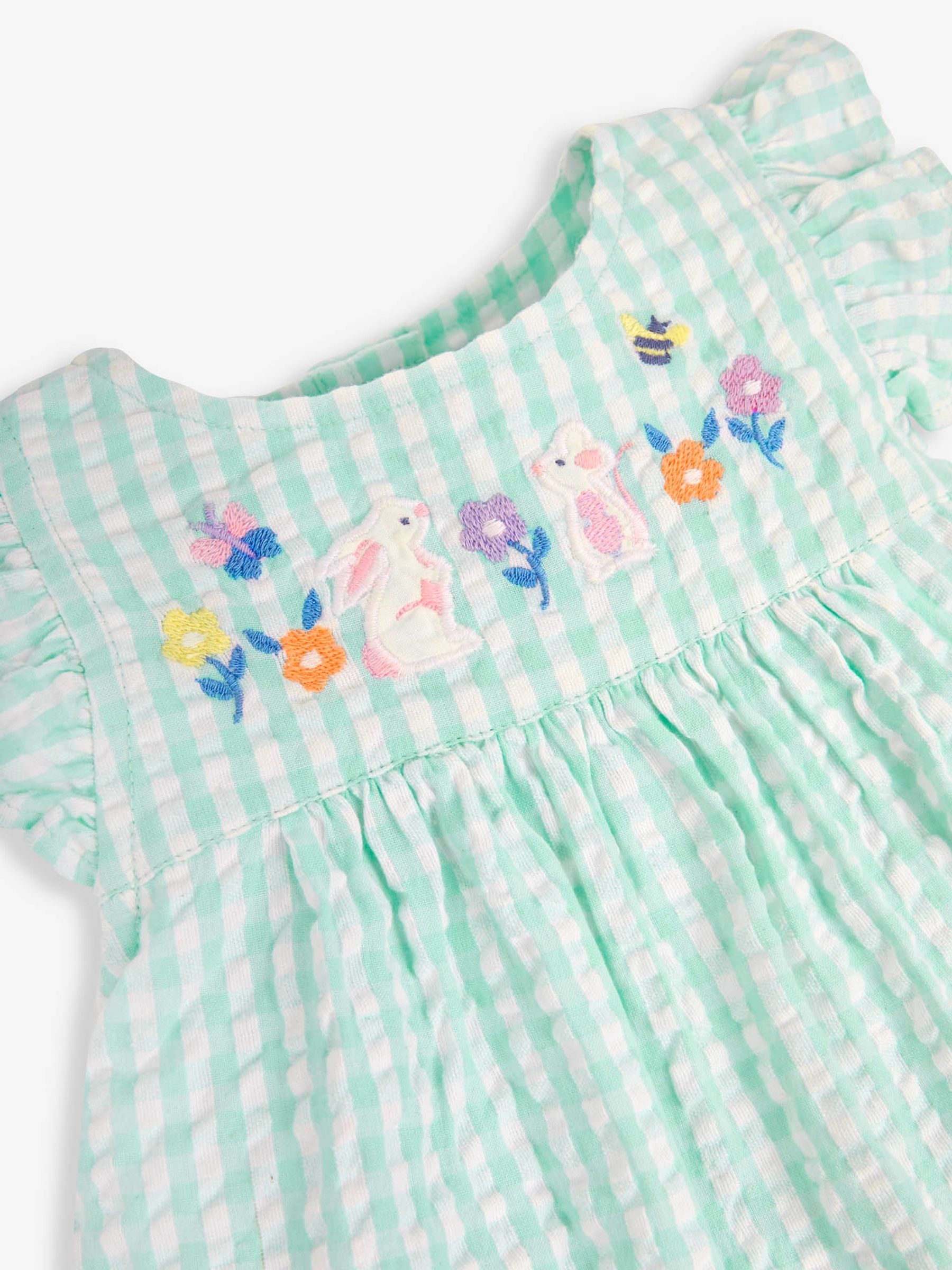 Duck Egg 3-Piece Gingham Bunny Embroidered Dress With Knickers & Floppy Hat Set - Image 7 of 7